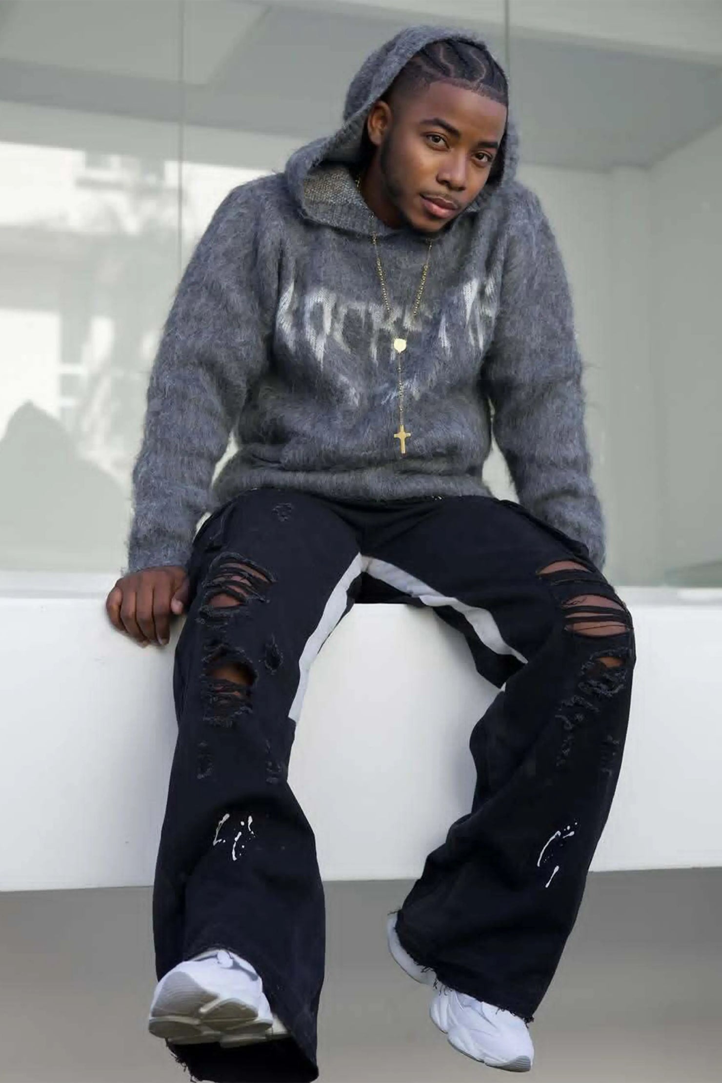 Andros Grey Graphic Knitted Hoodie