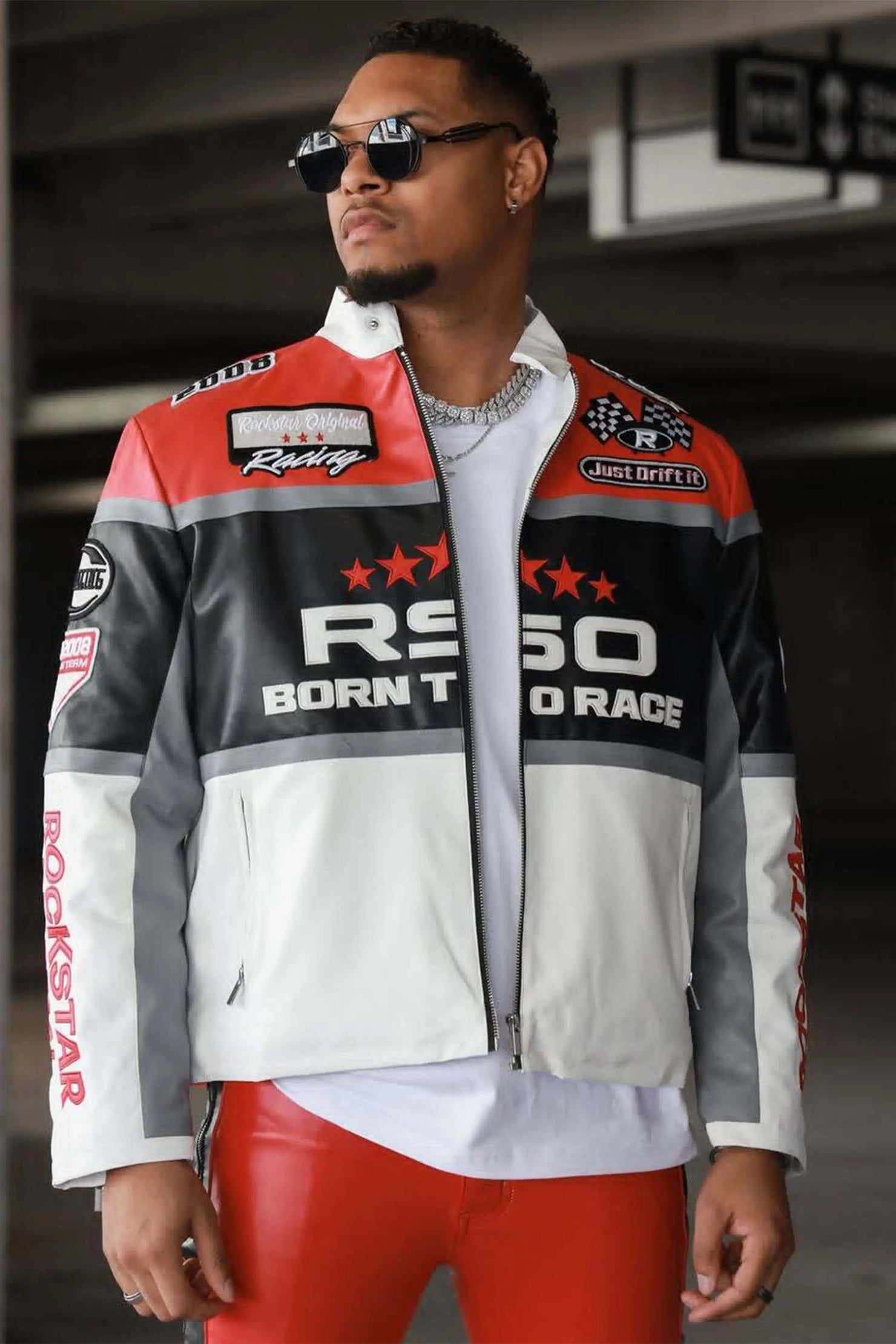 Balint Red/White Leather Moto Jacket