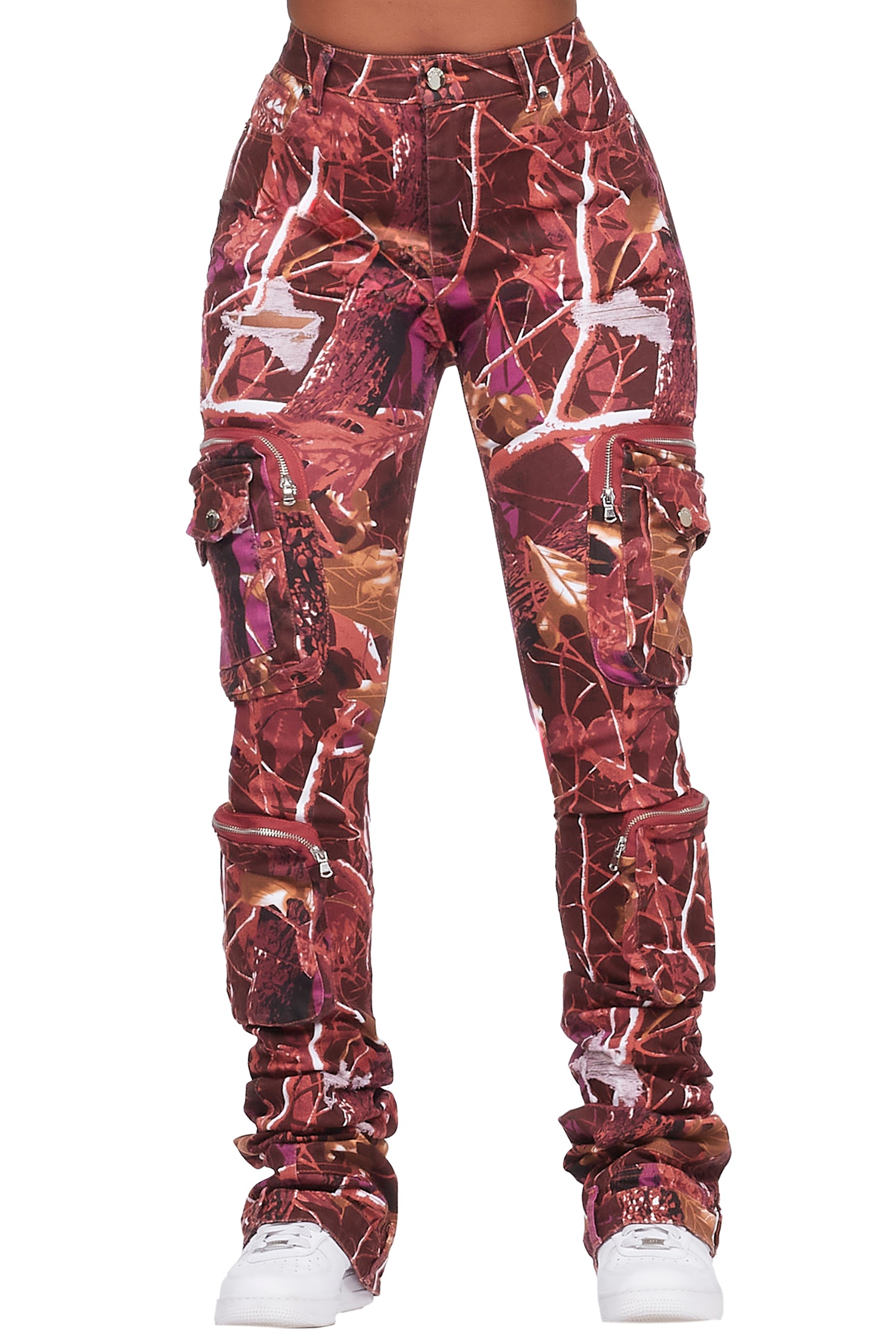 Alisson Burgundy Tree Camo Cargo Super Stacked Jean