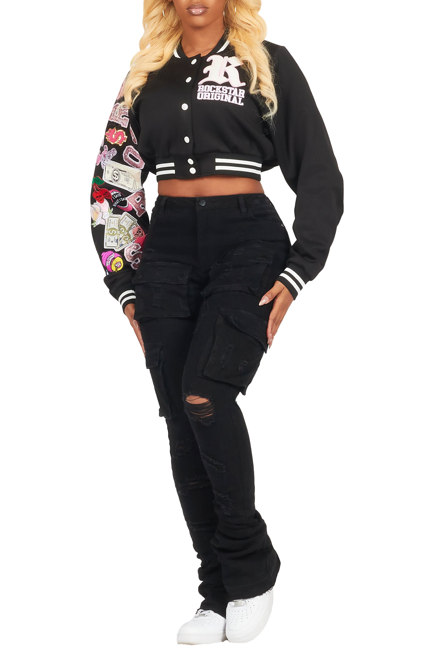Jakaira Black Crop Varsity Jacket