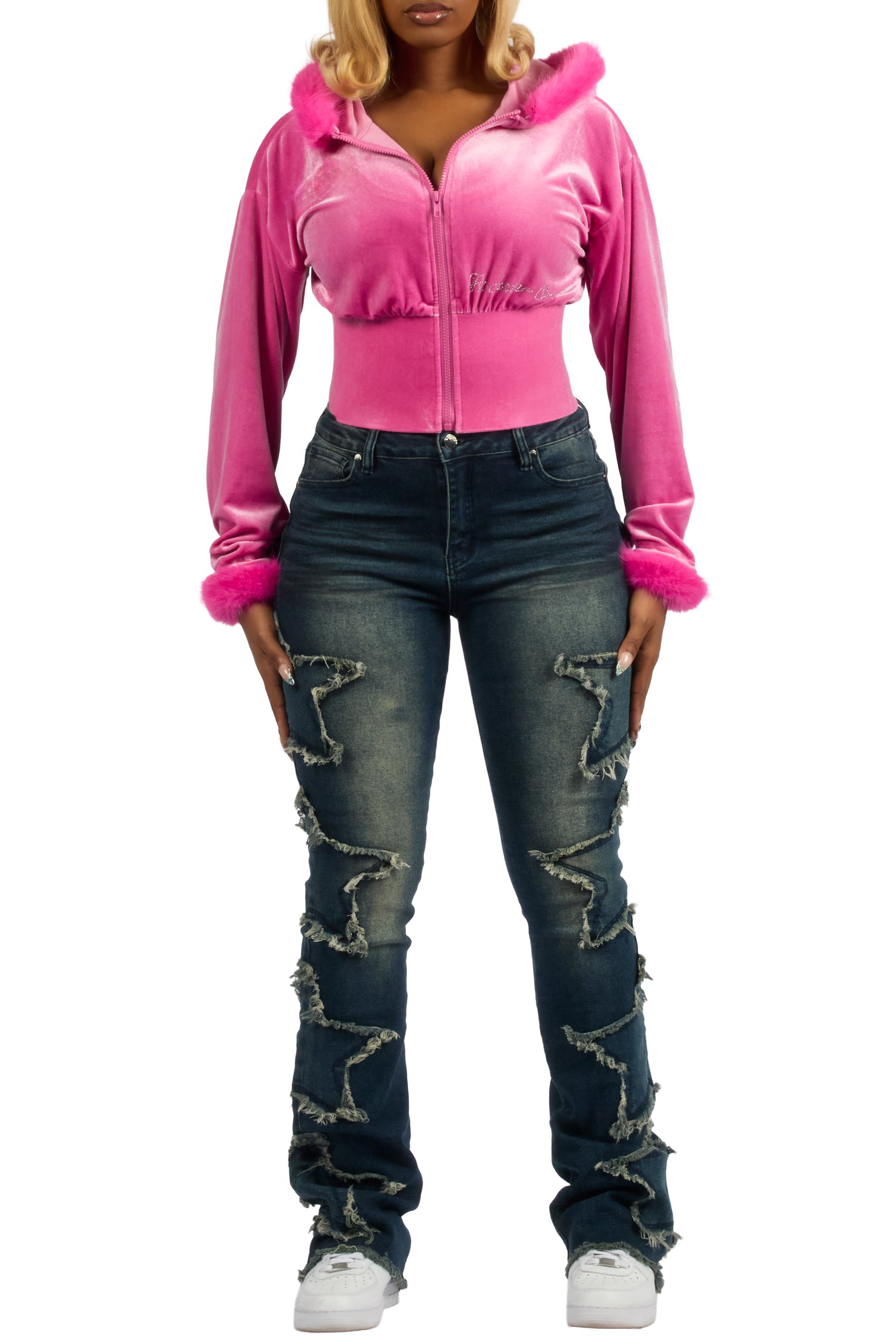 Shanika Pink Velour Crop Hoodie With Fur Hood