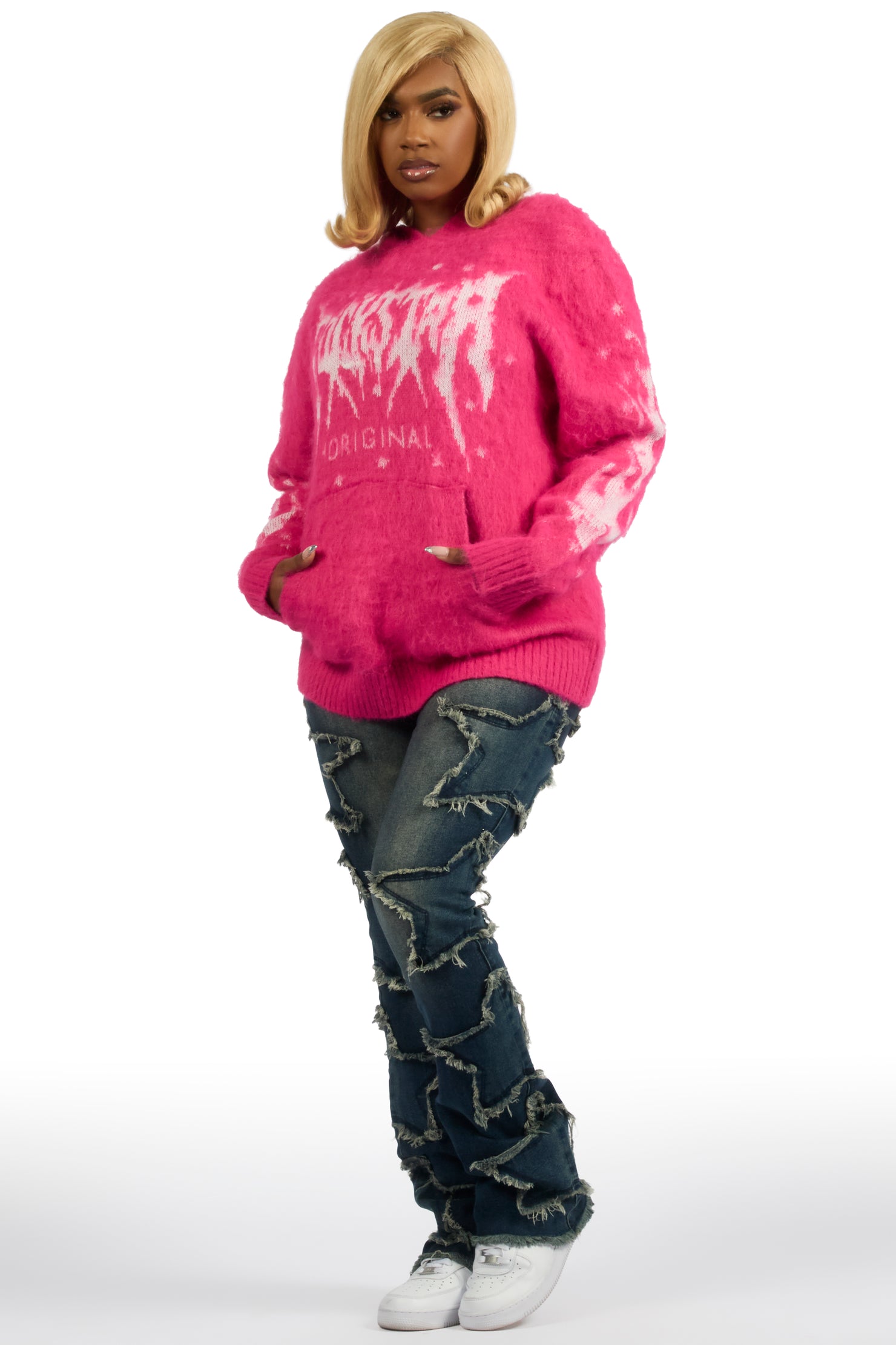 Keshay Pink Graphic Knit Hoodie