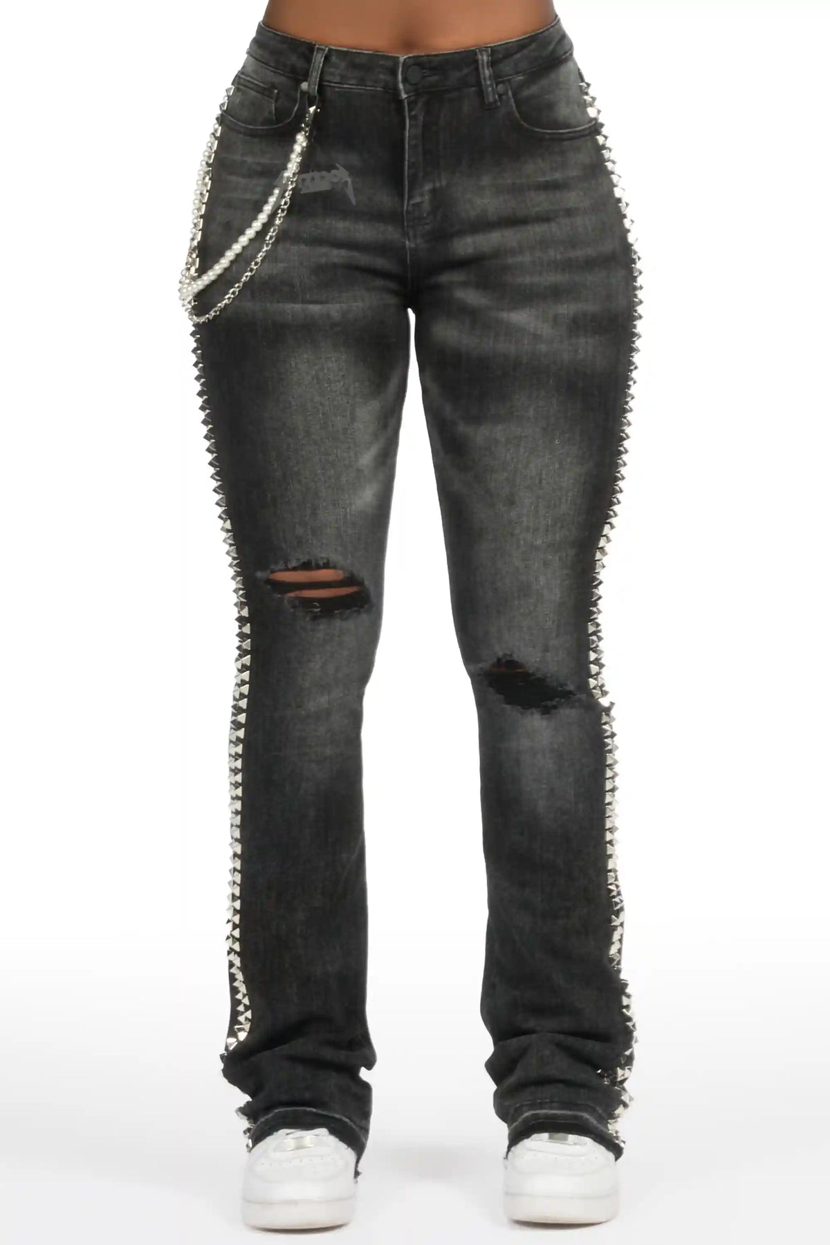 Shaquayla Black Studded Stacked Flare Jean