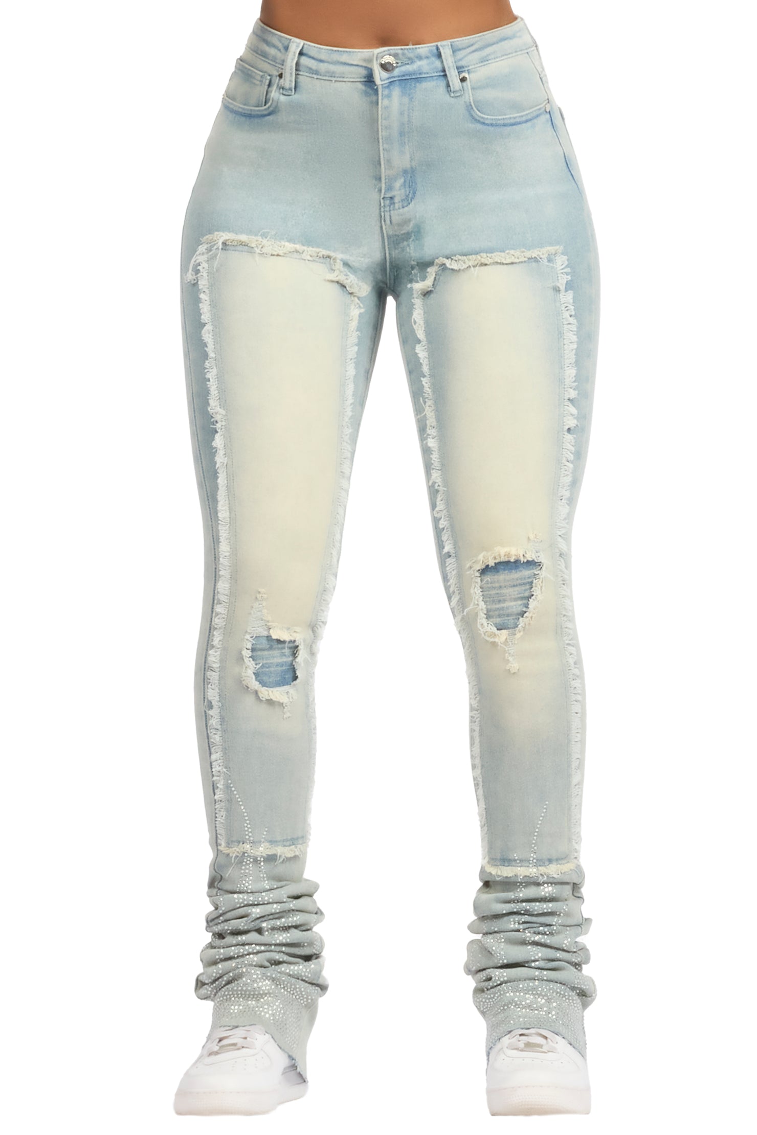 Karime Light Wash Rhinestone Stacked Jean