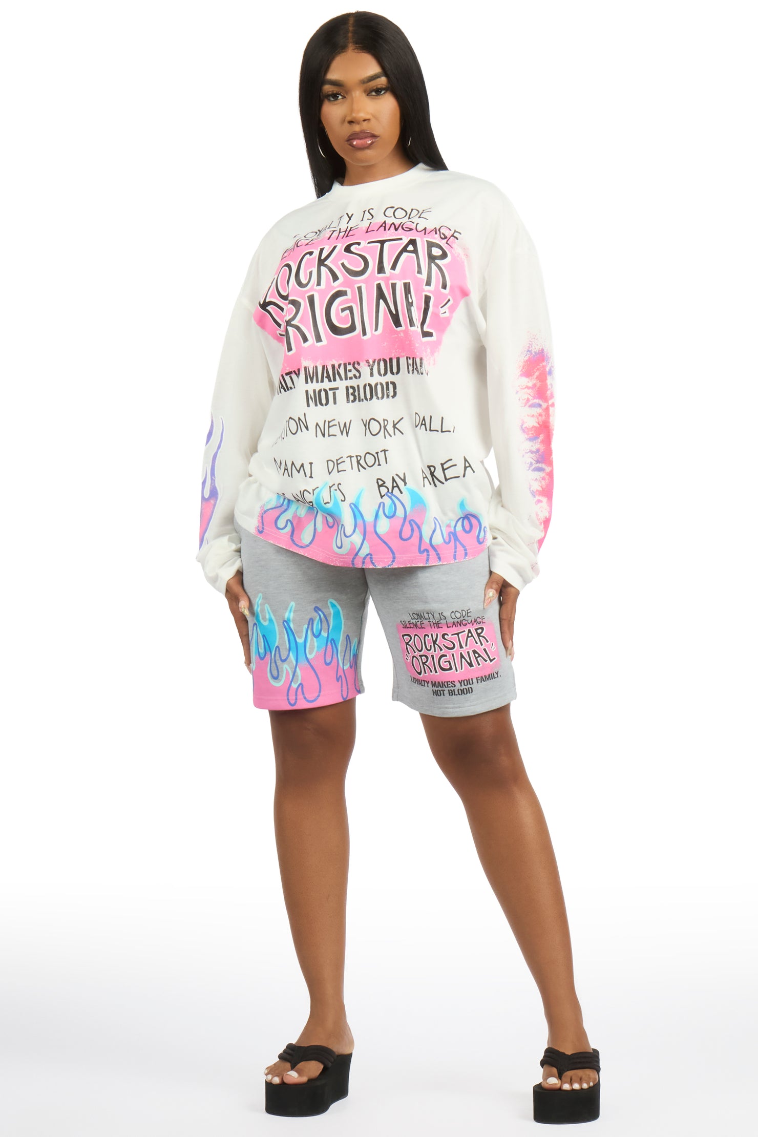 Breshay White/Grey Long Sleeve T-Shirt Short Set
