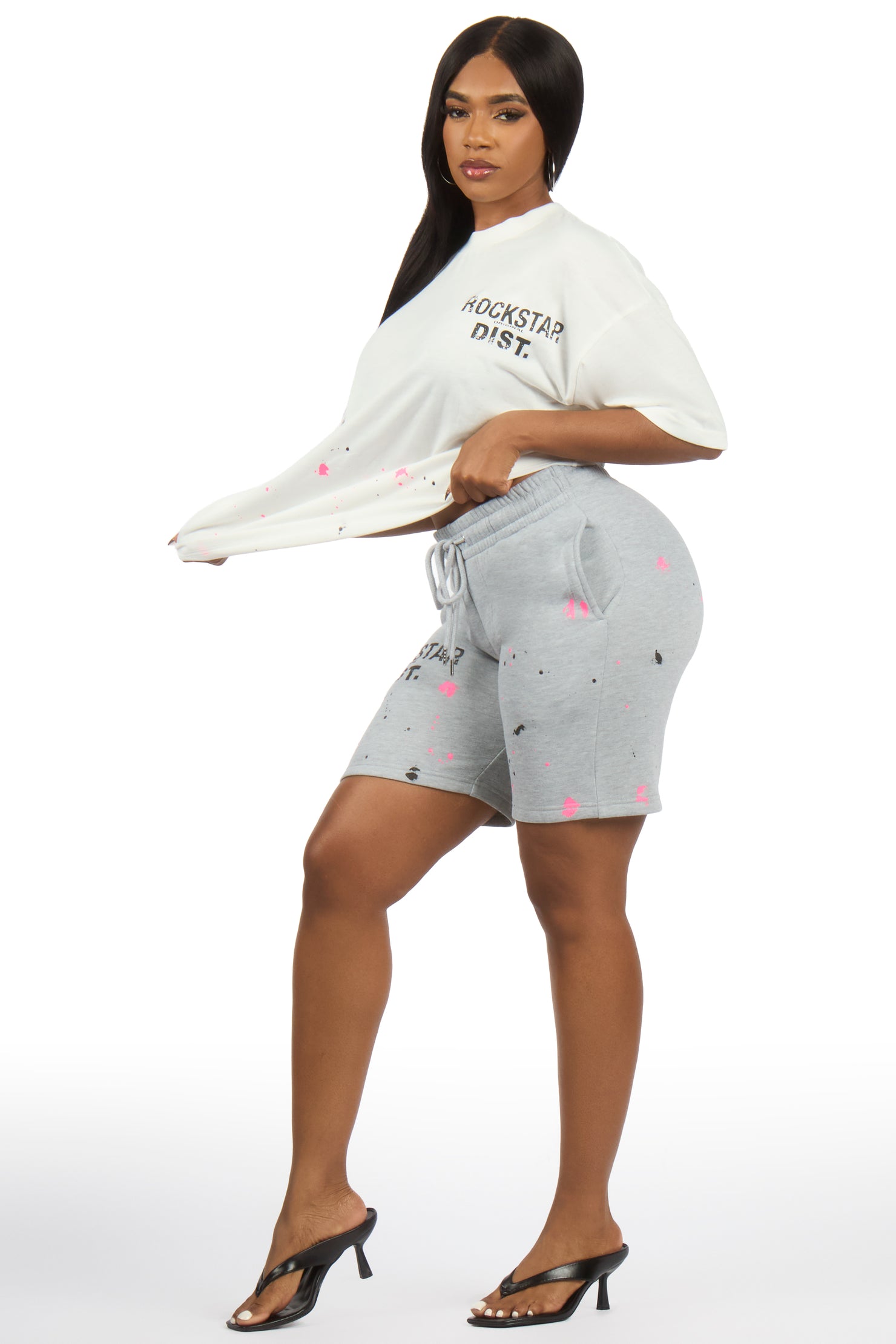 Lezaria White/Grey/Pink T-Shirt Short Set