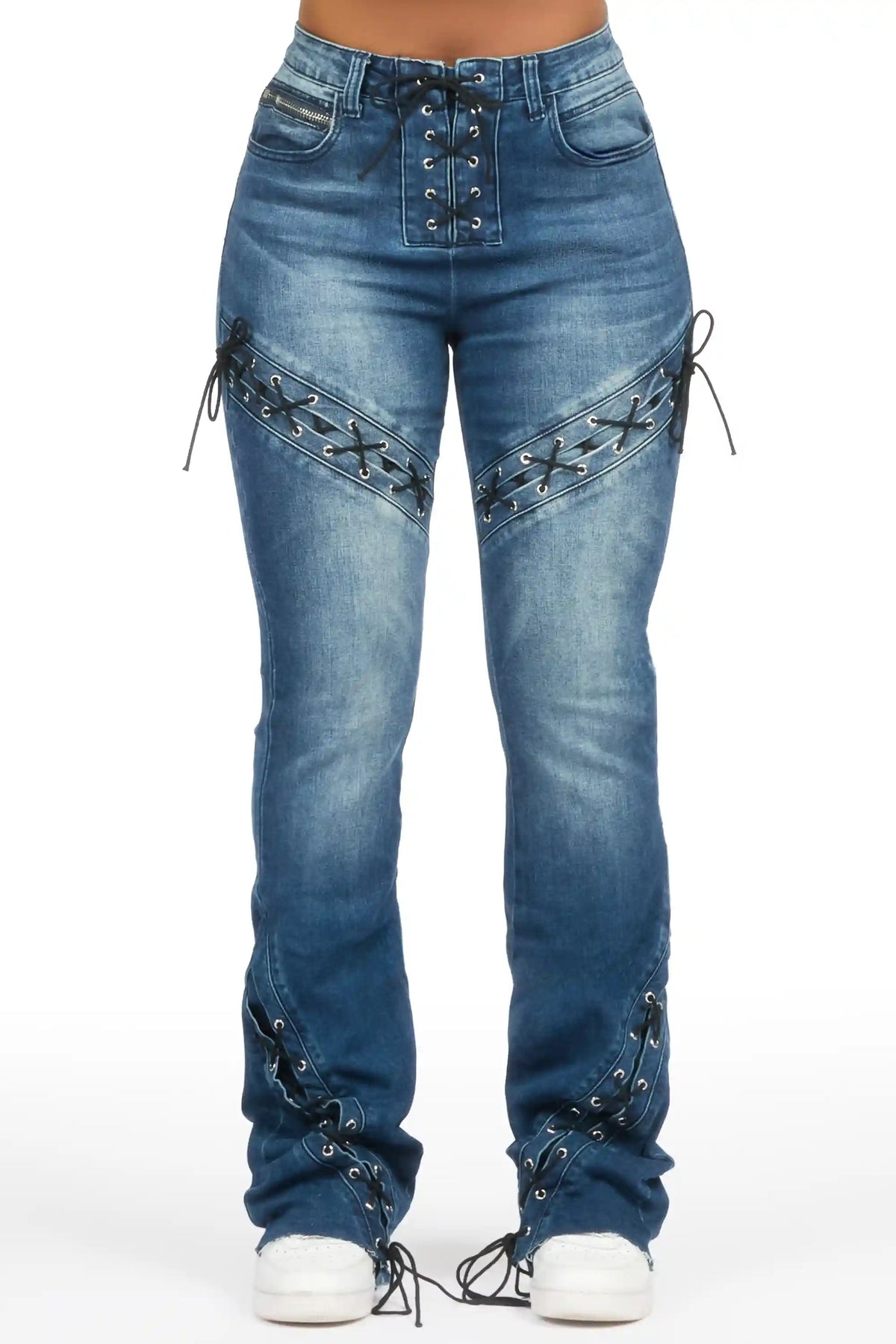 Shanai Dirty Wash Lace Up Stacked Flare Jean