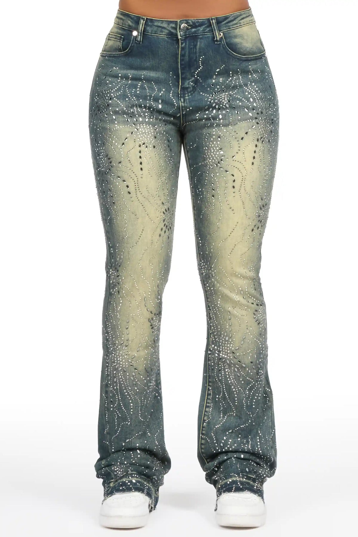Deidra Dark Wash Rhinestone Stacked Flare Jean