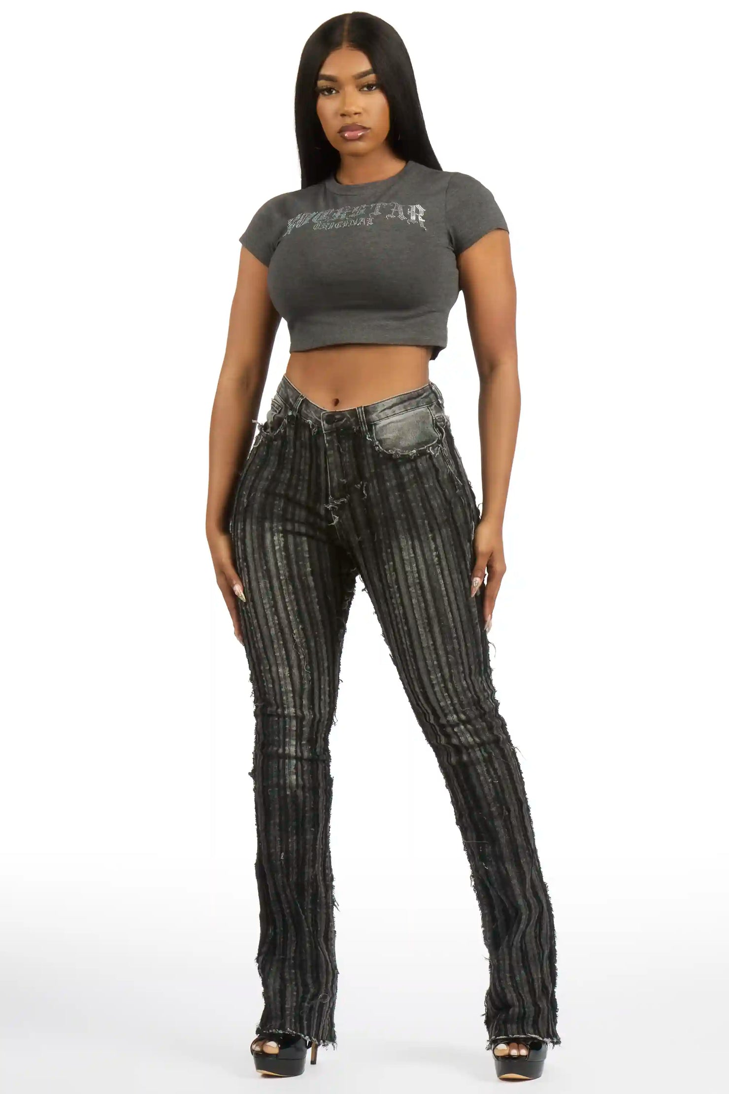 LaNetta Charcoal Rhinestone Crop Baby Tee Shirt