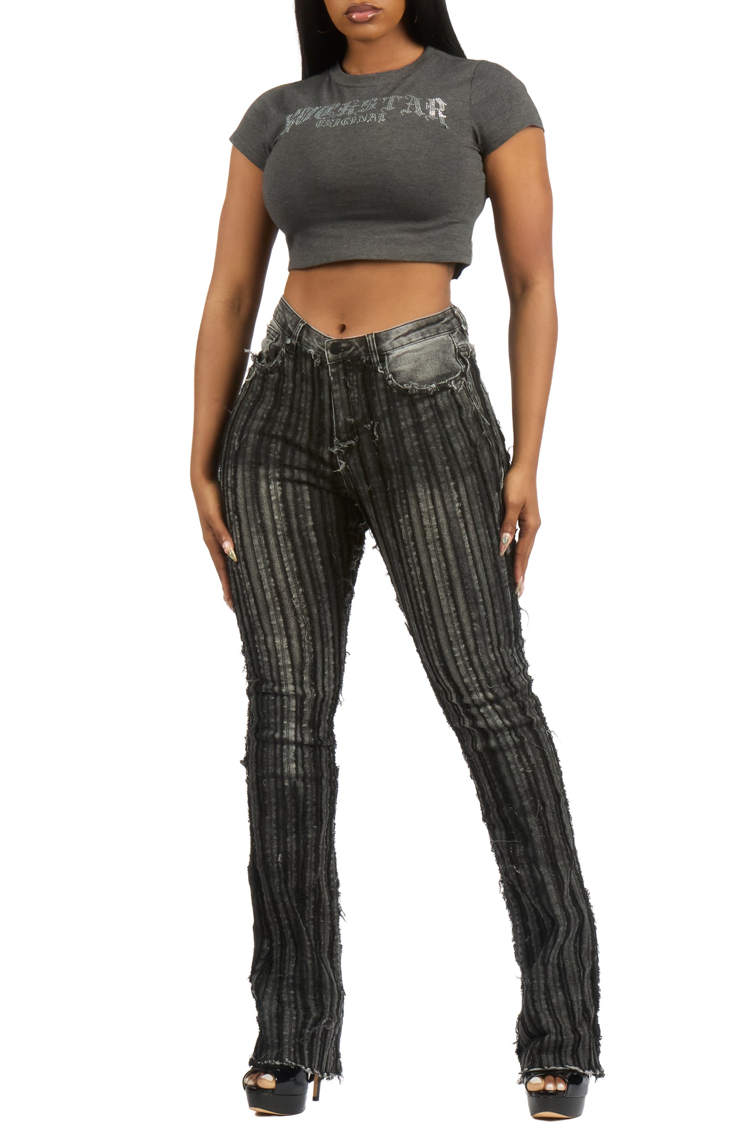 LaNetta Charcoal Rhinestone Crop Baby Tee Shirt