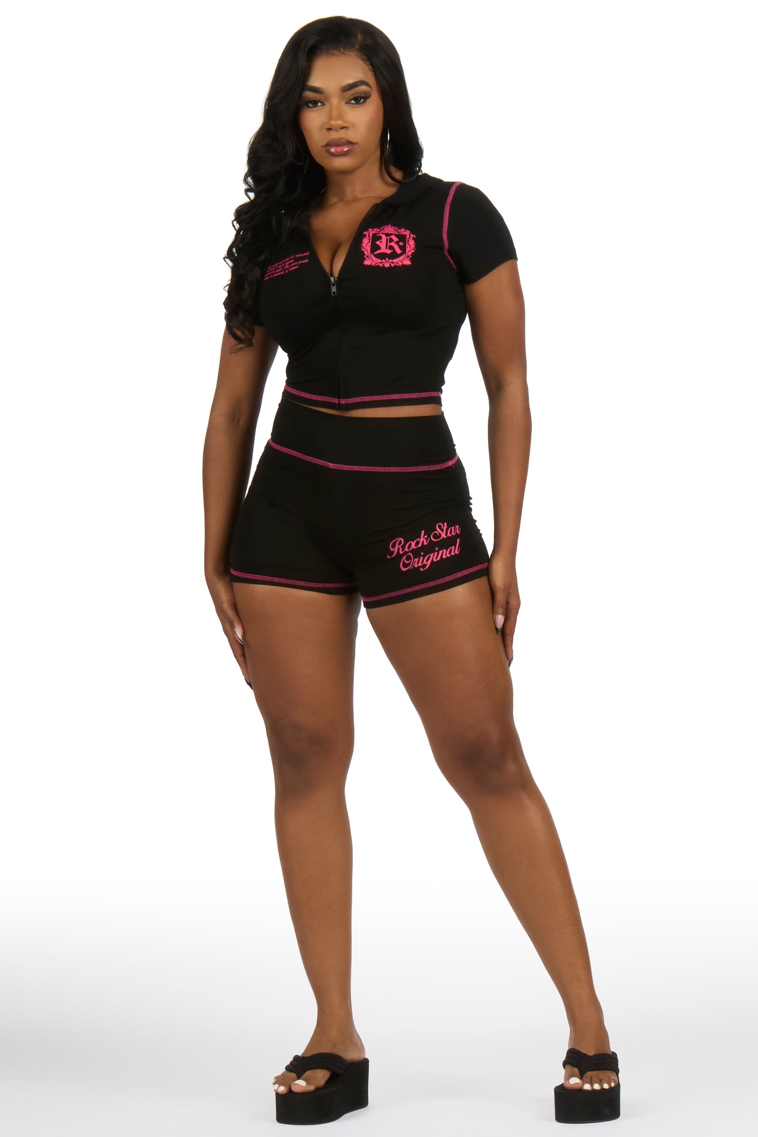 Desmine Black Short Sleeve Zip Up Short Set