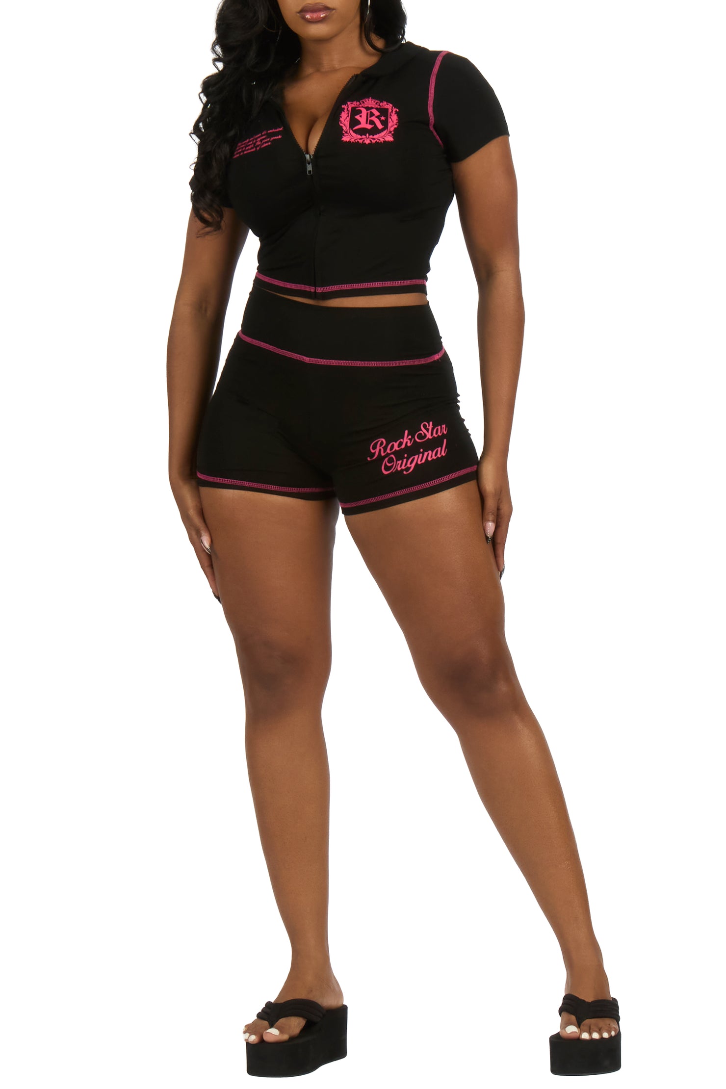 Desmine Black Short Sleeve Zip Up Short Set