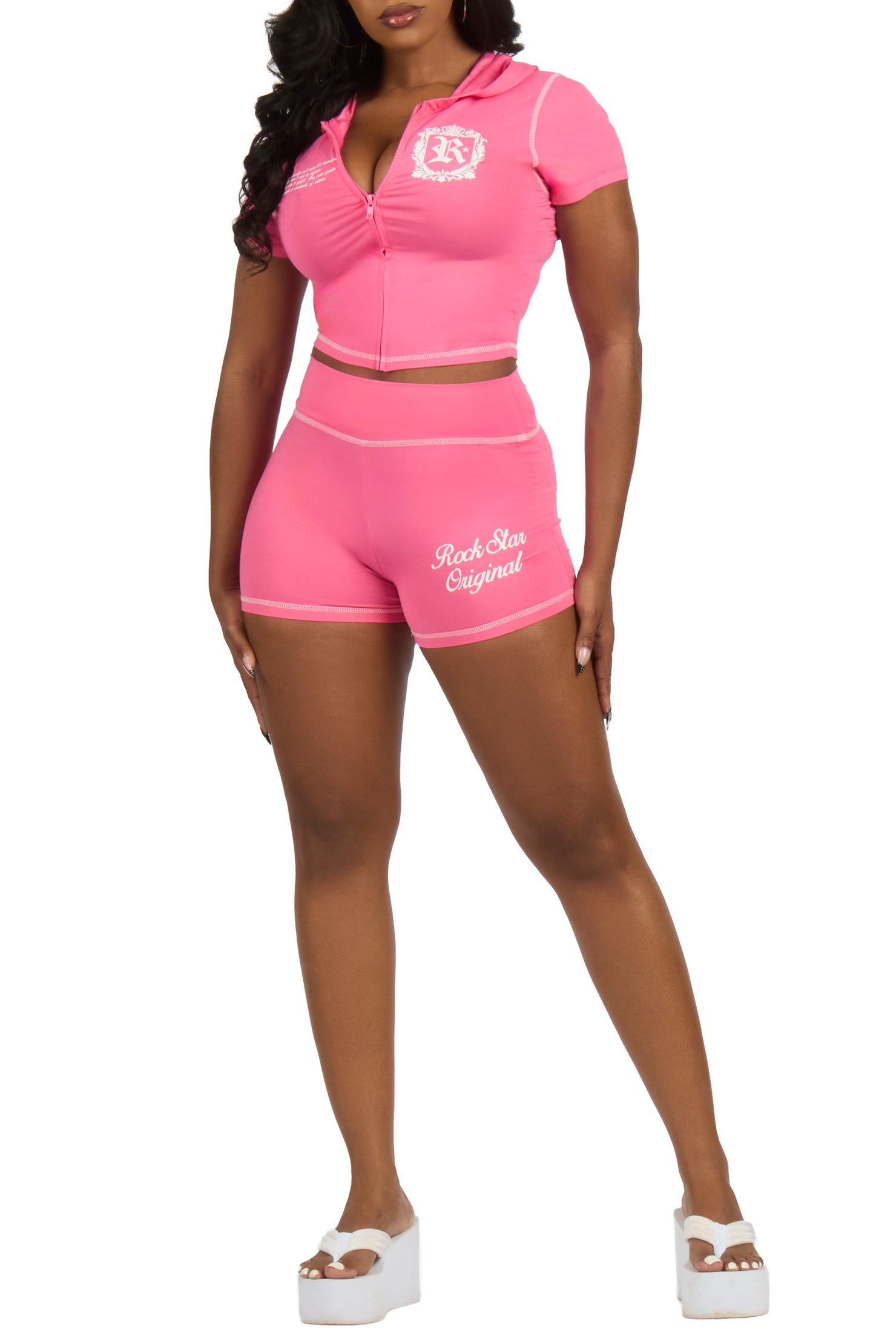 Desmine Pink Short Sleeve Zip Up Short Set