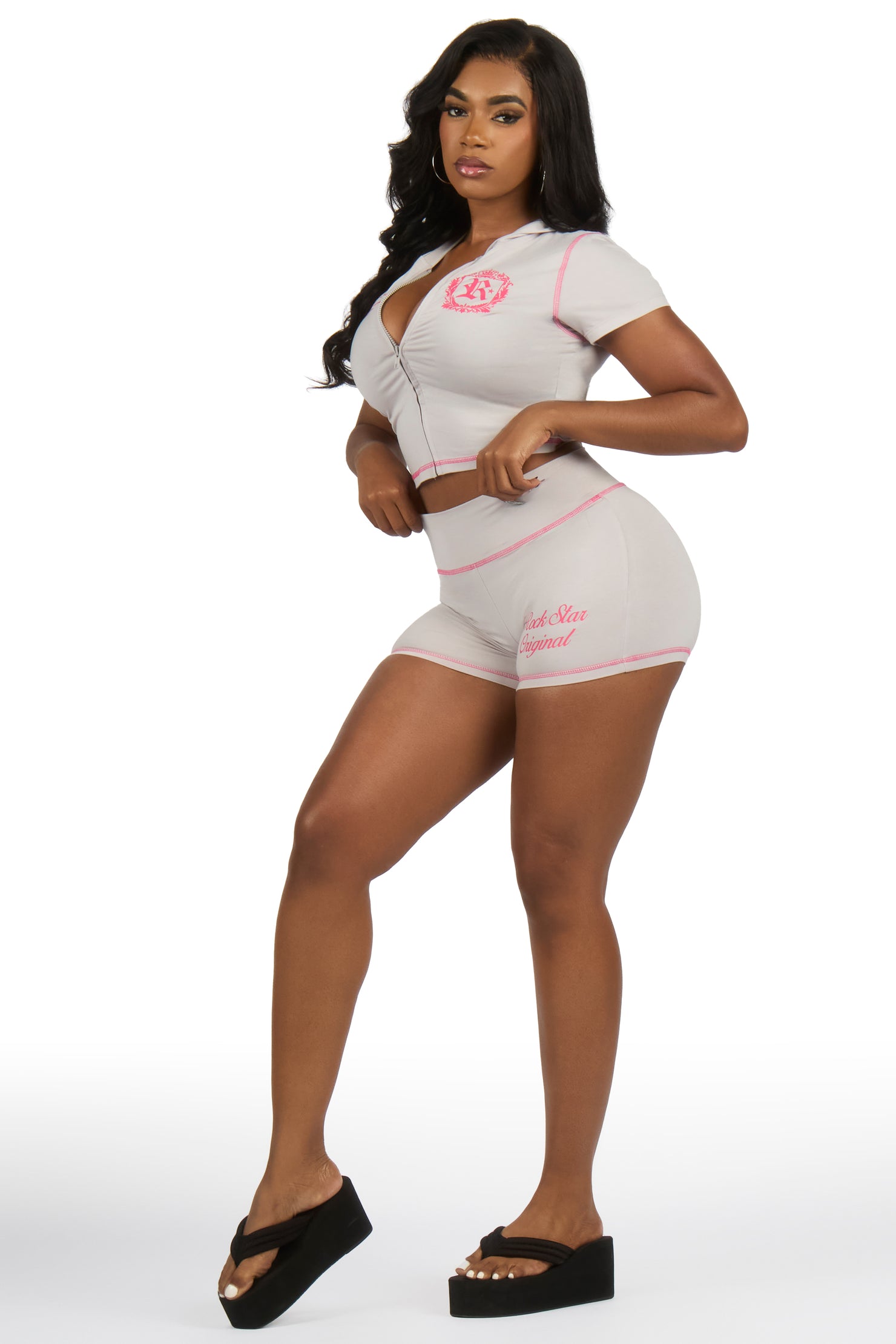 Desmine Grey Short Sleeve Zip Up Short Set