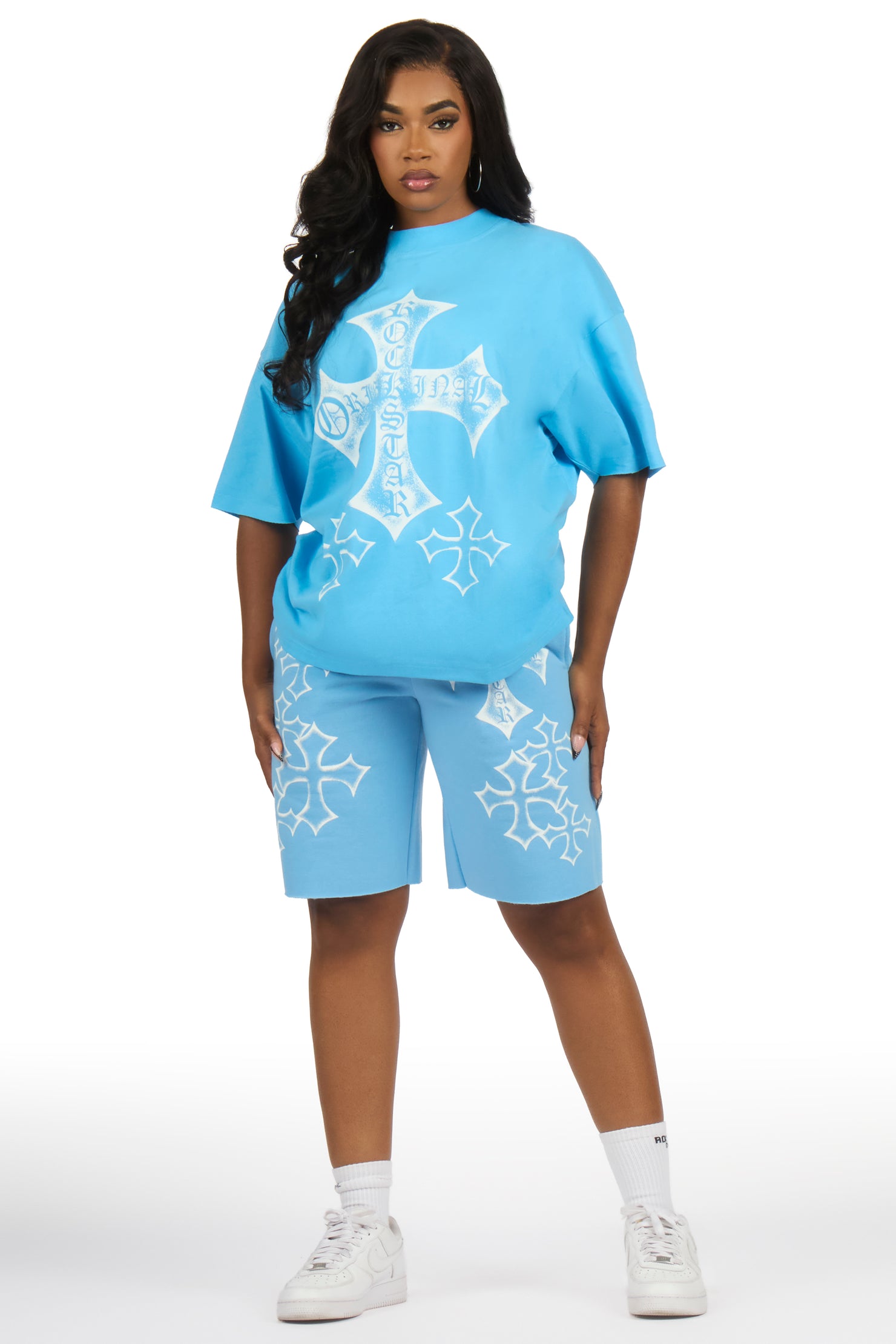 Brianana Blue/White T-Shirt Short Set