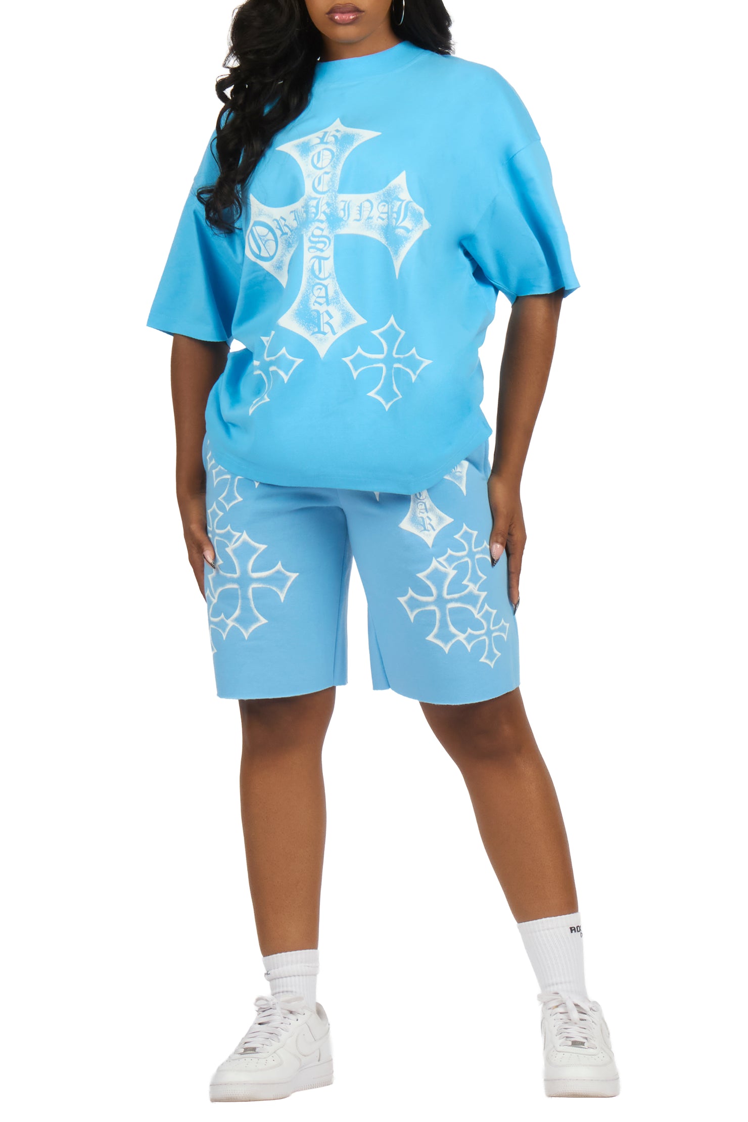 Brianana Blue/White T-Shirt Short Set