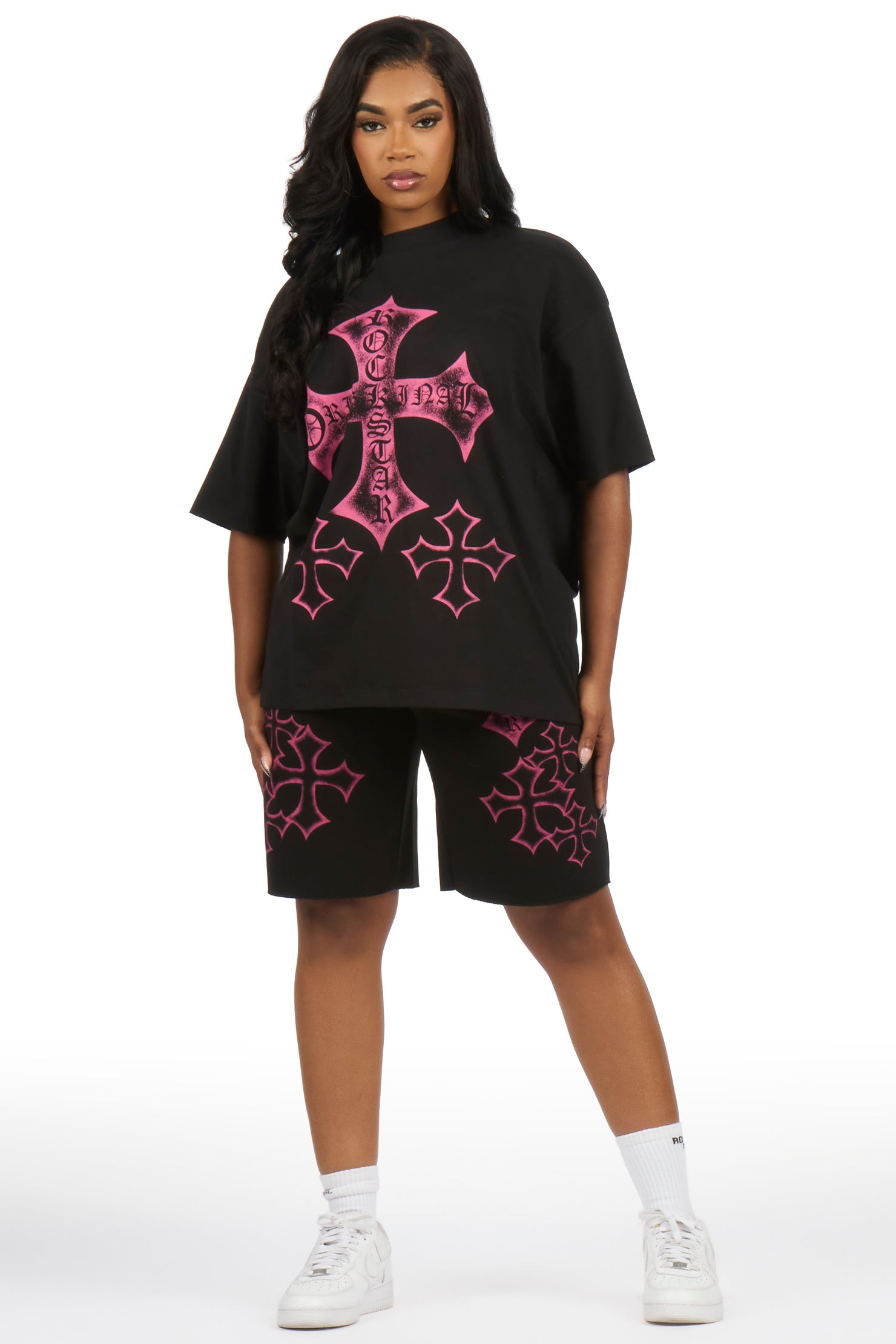 Brianana Black/Pink T-Shirt Short Set