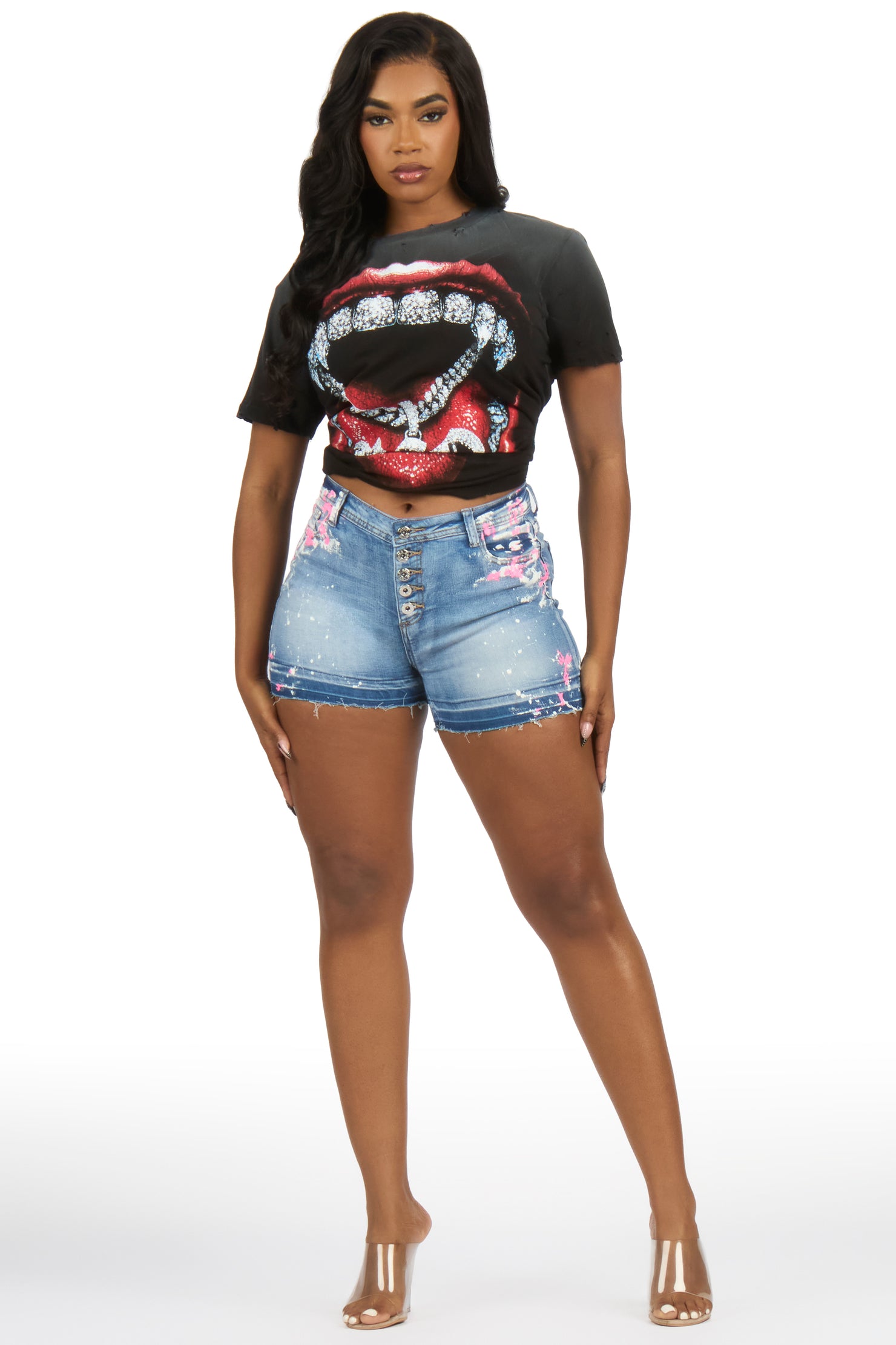 Teneca Light Wash Painted Denim Short