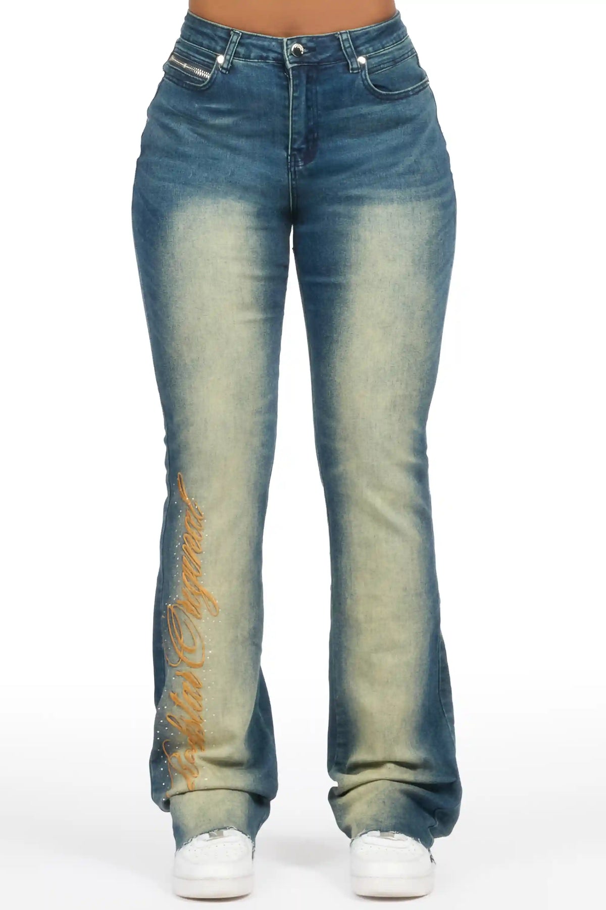 Calisa Tint Rhinestone Stacked Flare Jean