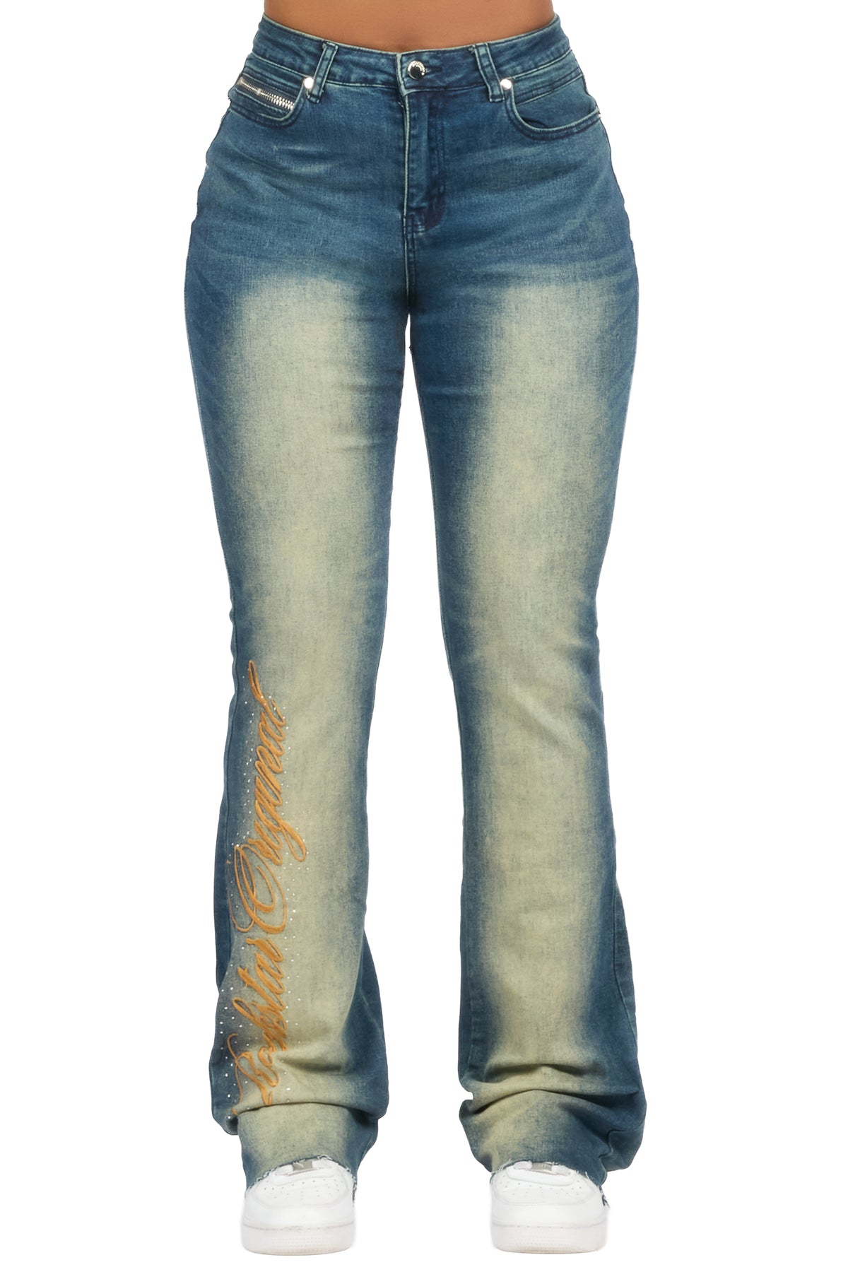 Calisa Tint Rhinestone Stacked Flare Jean