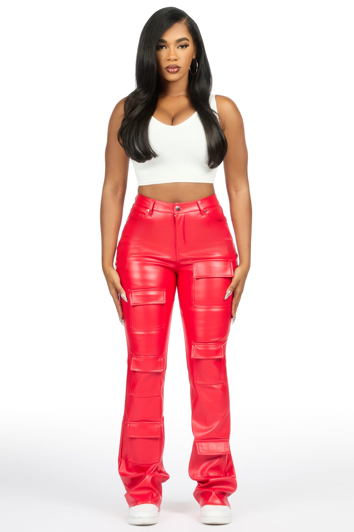 Keazhanae Red PU Cargo Stacked Flare Pant