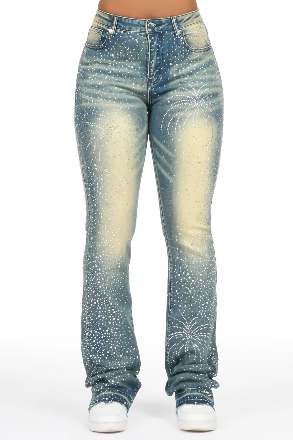 Jamella Dark Wash Rhinestone Stacked Flare Jean