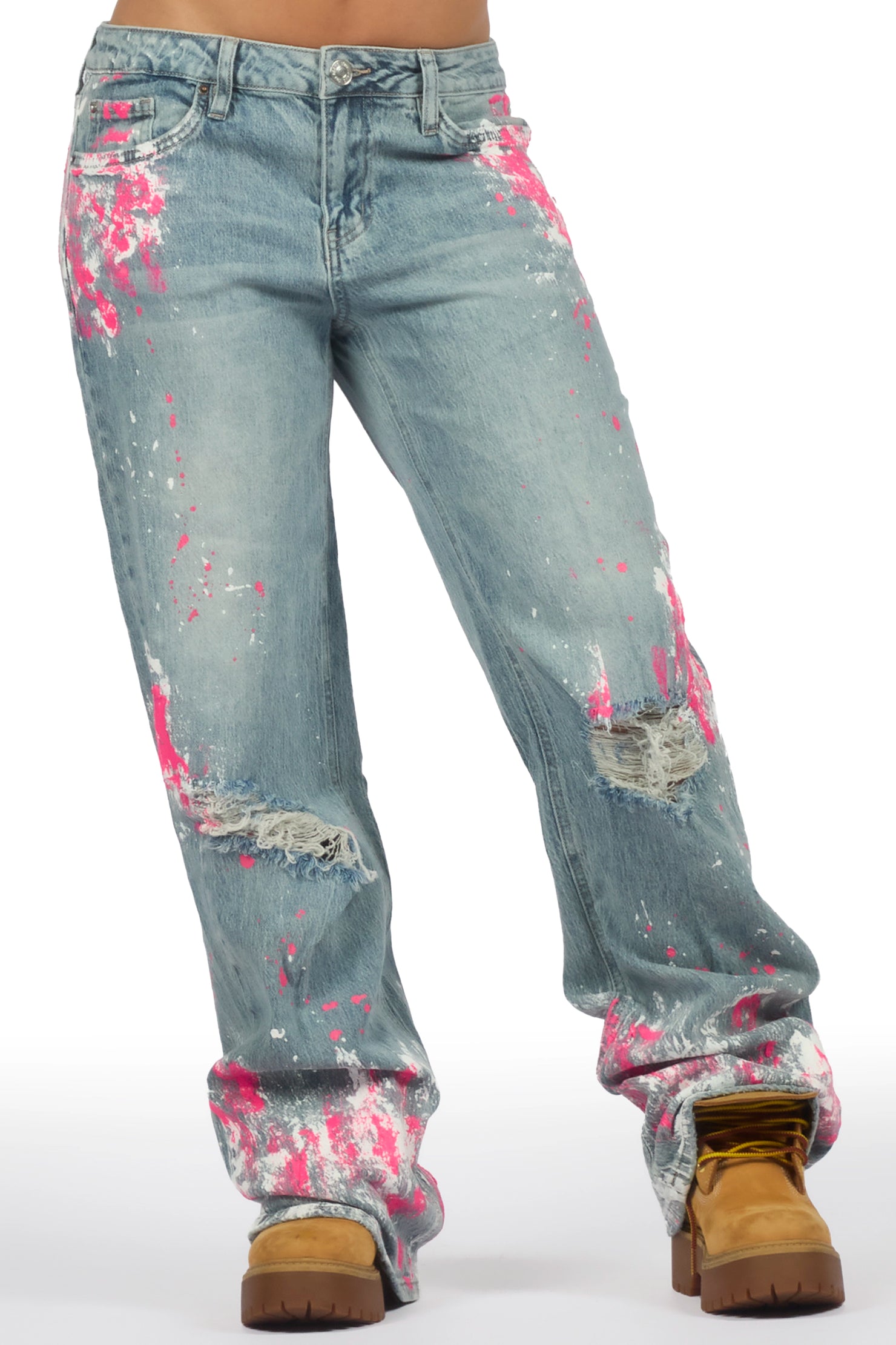Zyra Tinted Light Wash Painted Baggy Jean