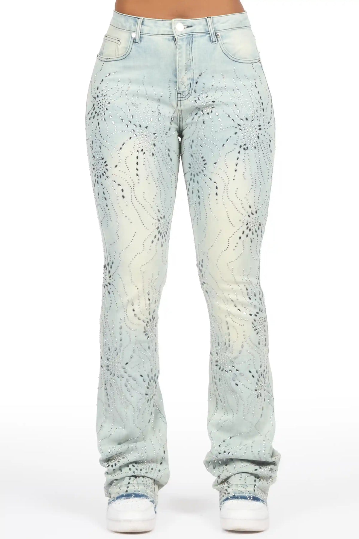Deidra Light Wash Rhinestone Stacked Flare Jean