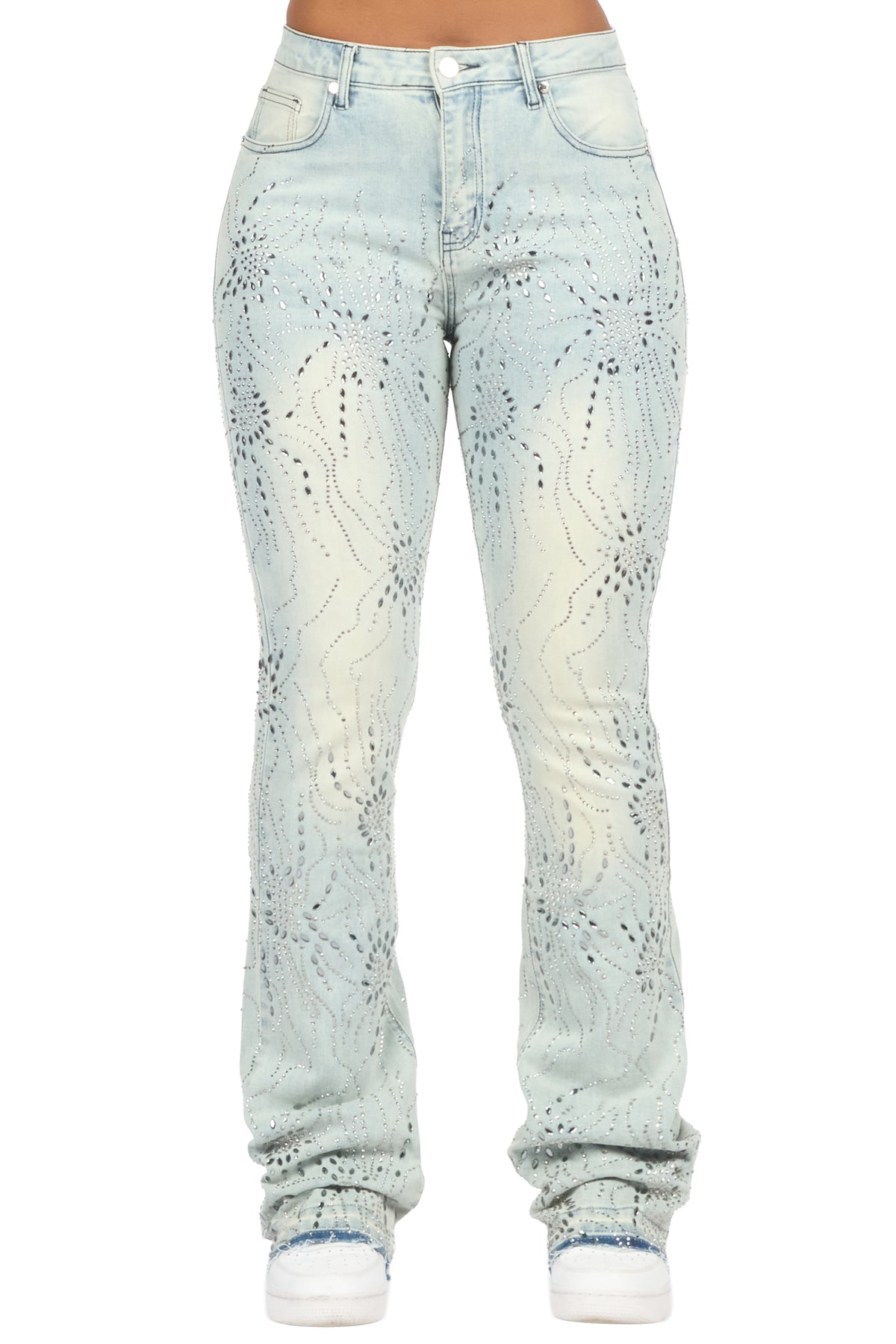 Deidra Light Wash Rhinestone Stacked Flare Jean