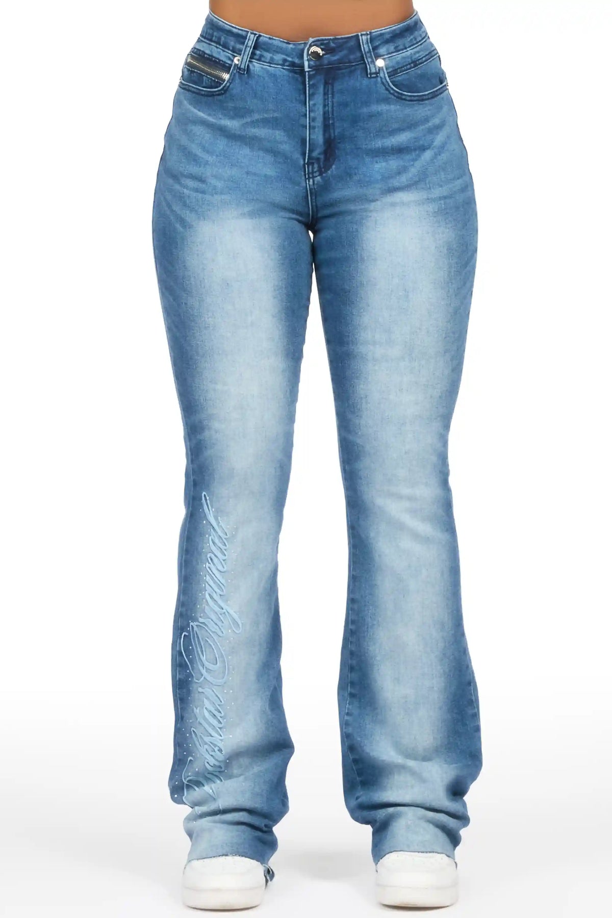 Calisa Med.Wash Rhinestone Stacked Flare Jean