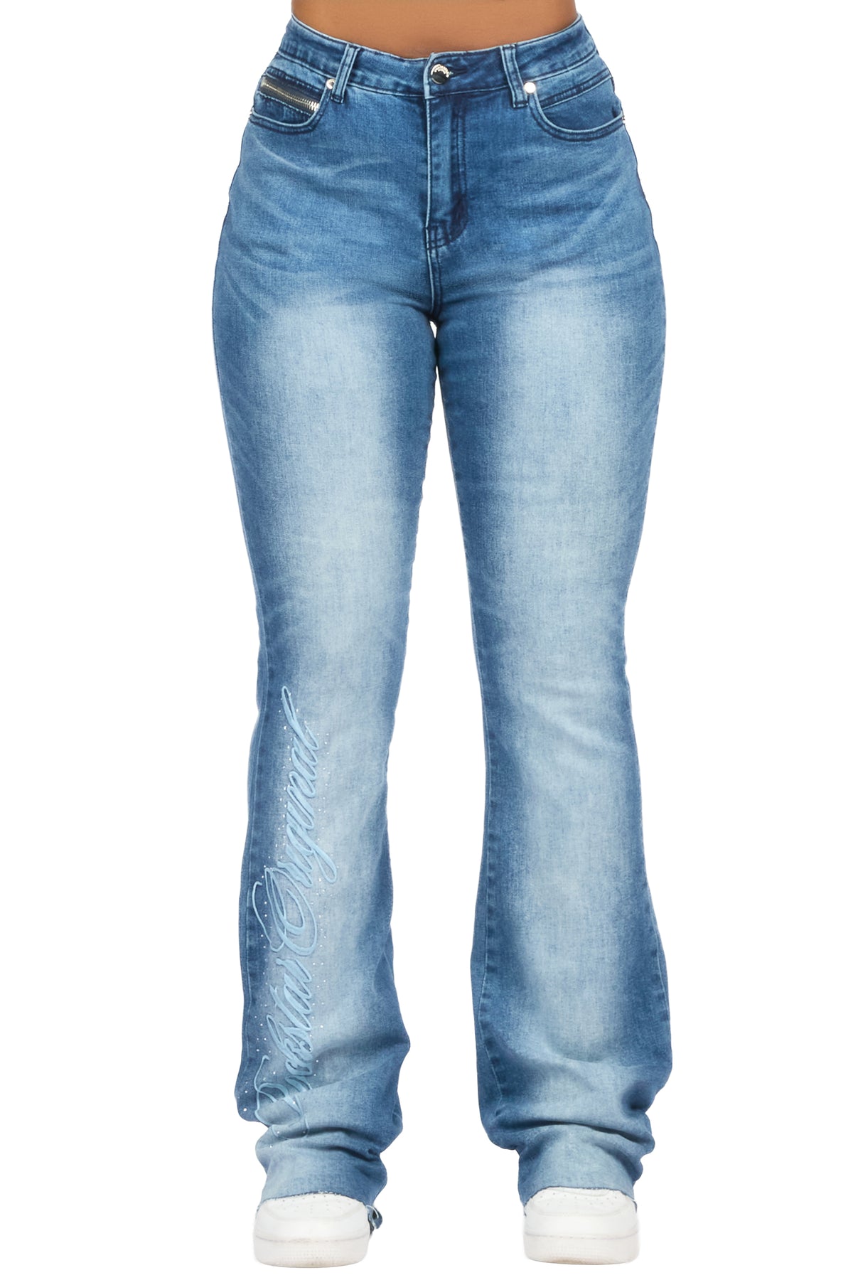 Calisa Med.Wash Rhinestone Stacked Flare Jean
