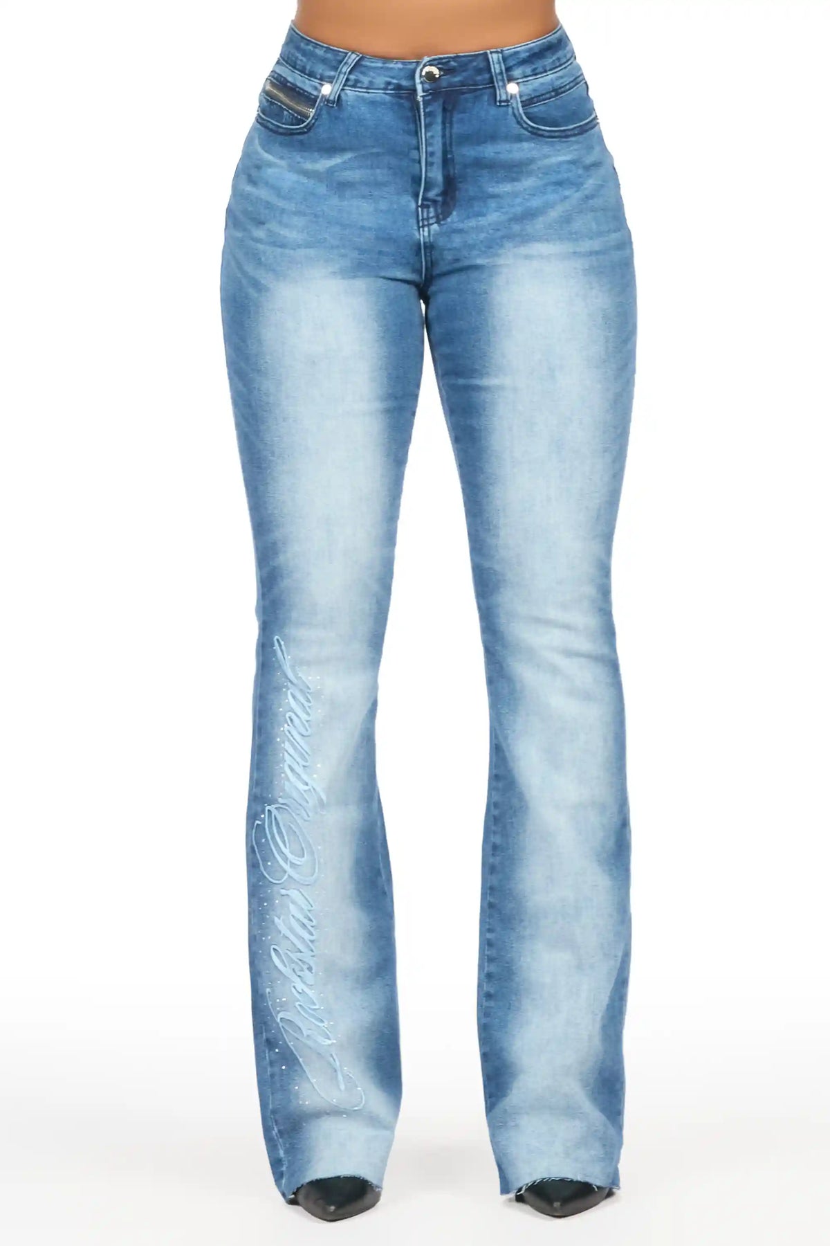 Calisa Med.Wash Rhinestone Stacked Flare Jean