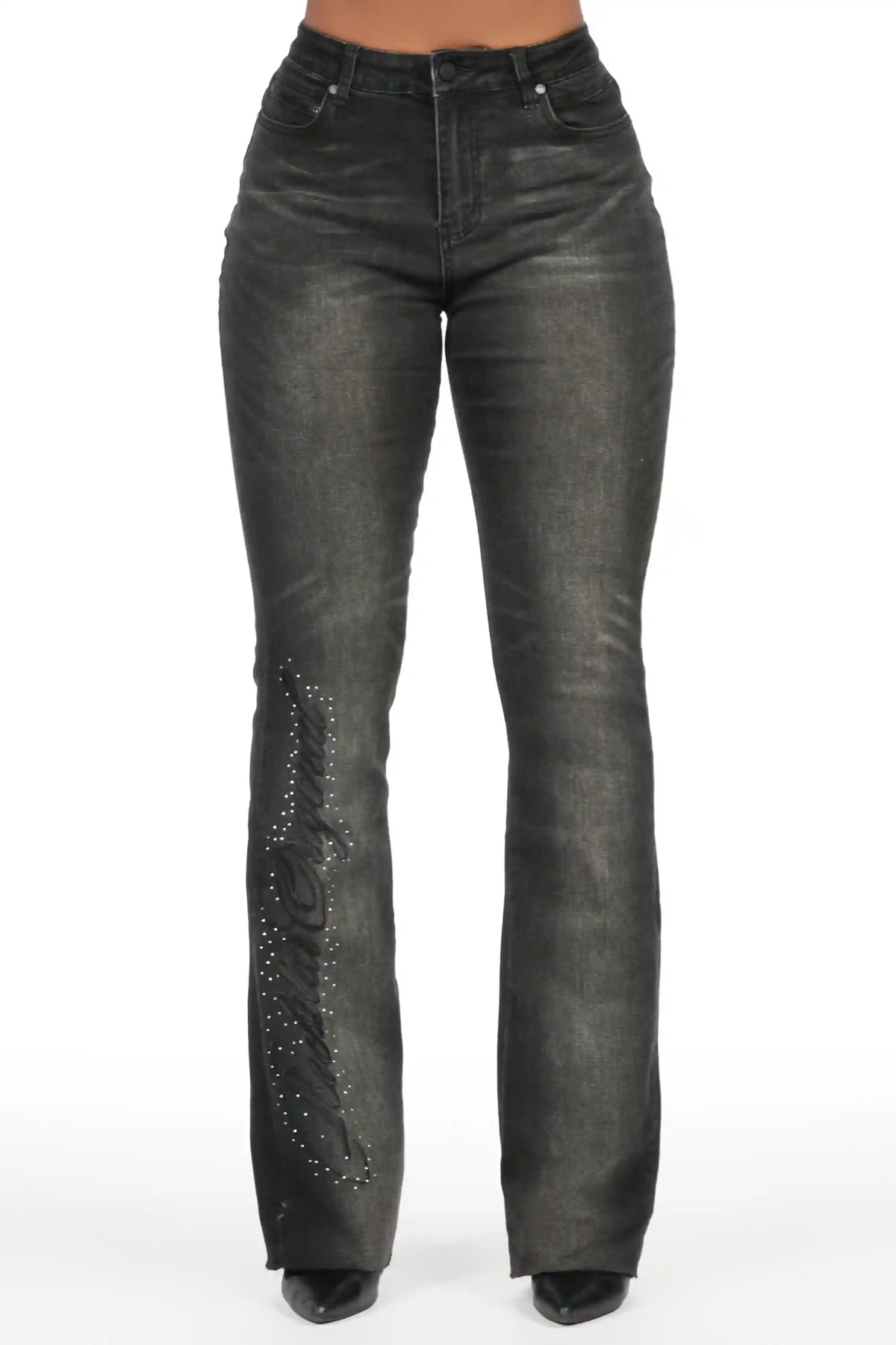 Calisa Black Rhinestone Stacked Flare Jean