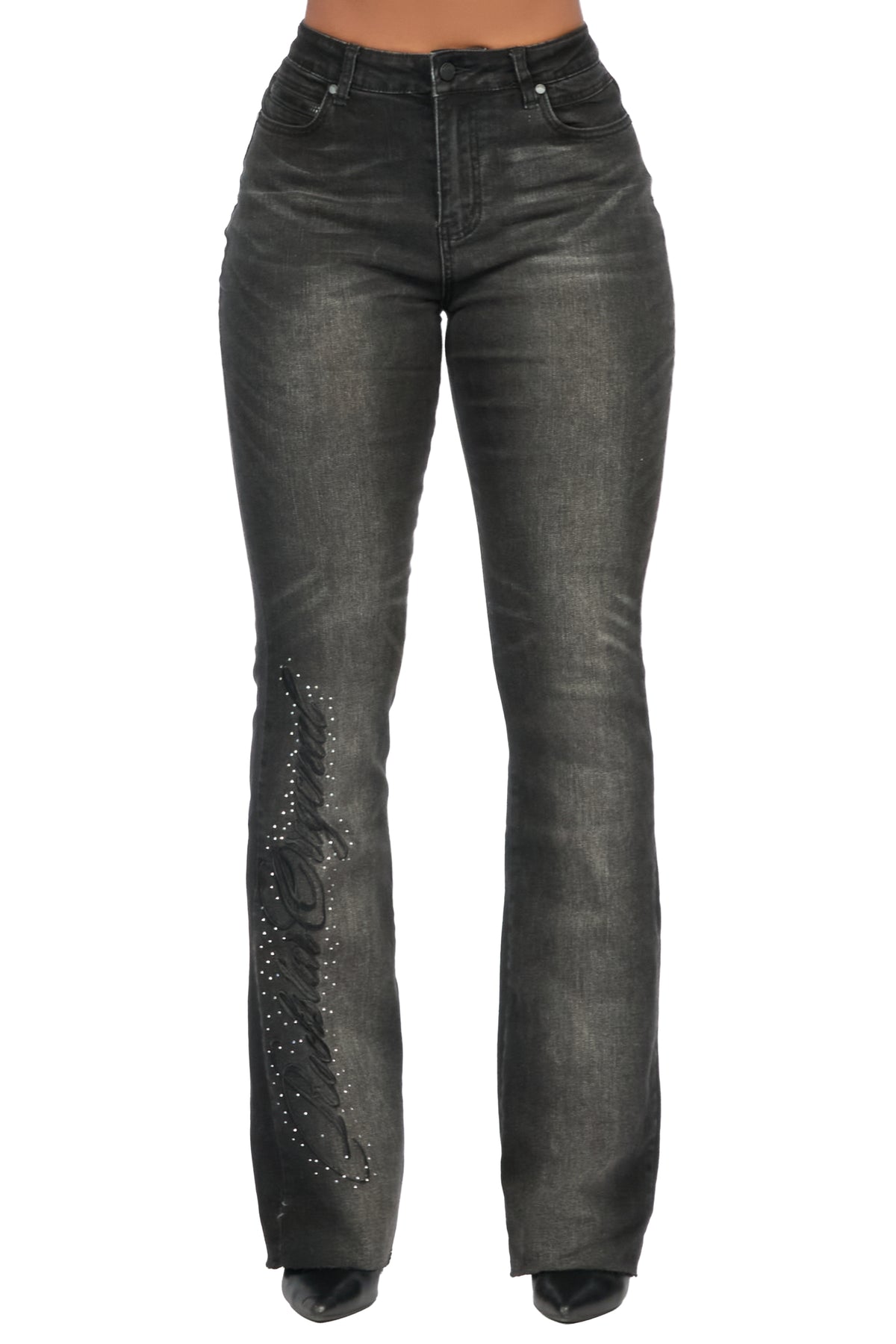 Calisa Black Rhinestone Stacked Flare Jean