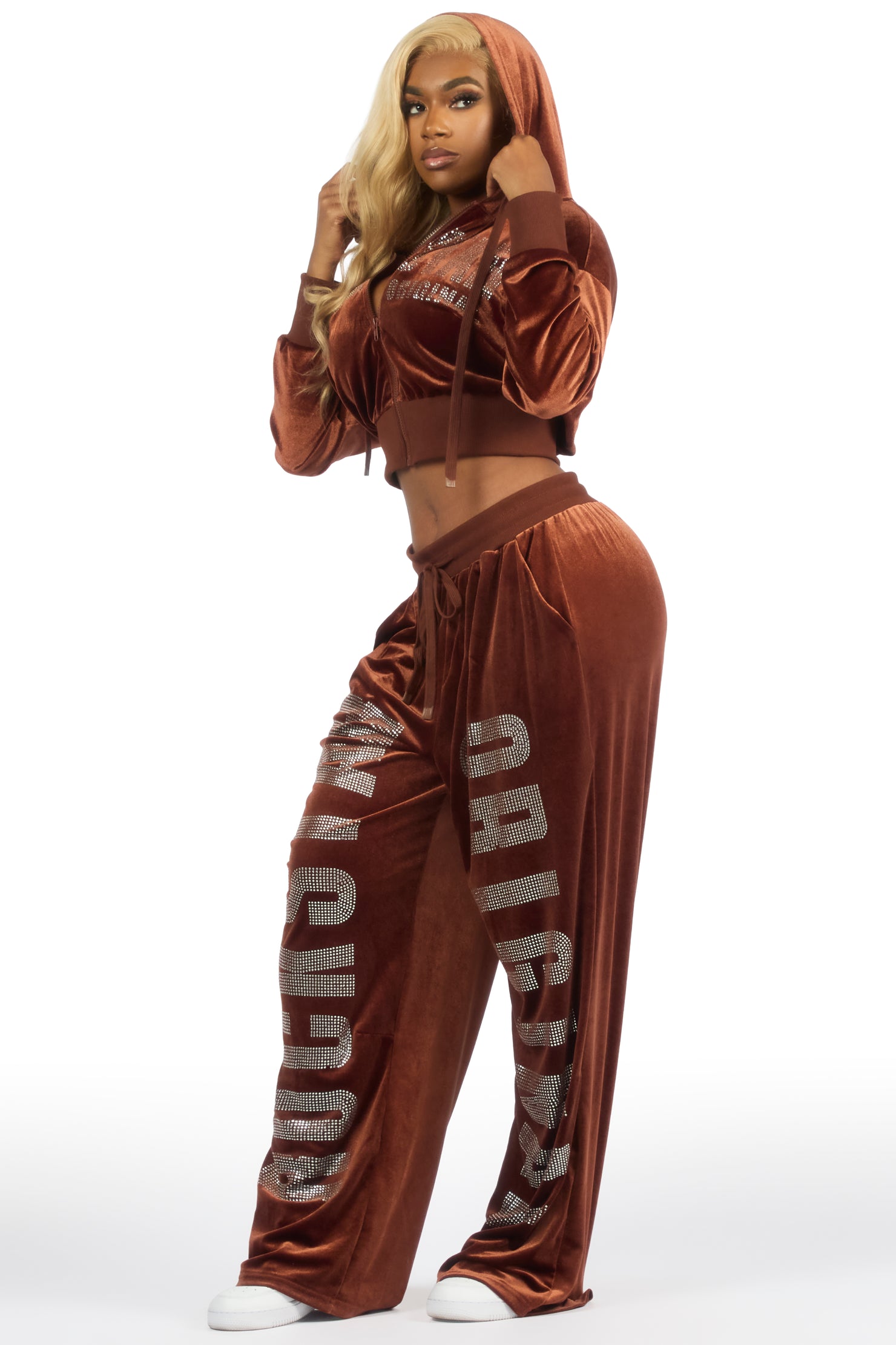 Cadence Brown Rhinestone Velour Baggy Fit Track Set