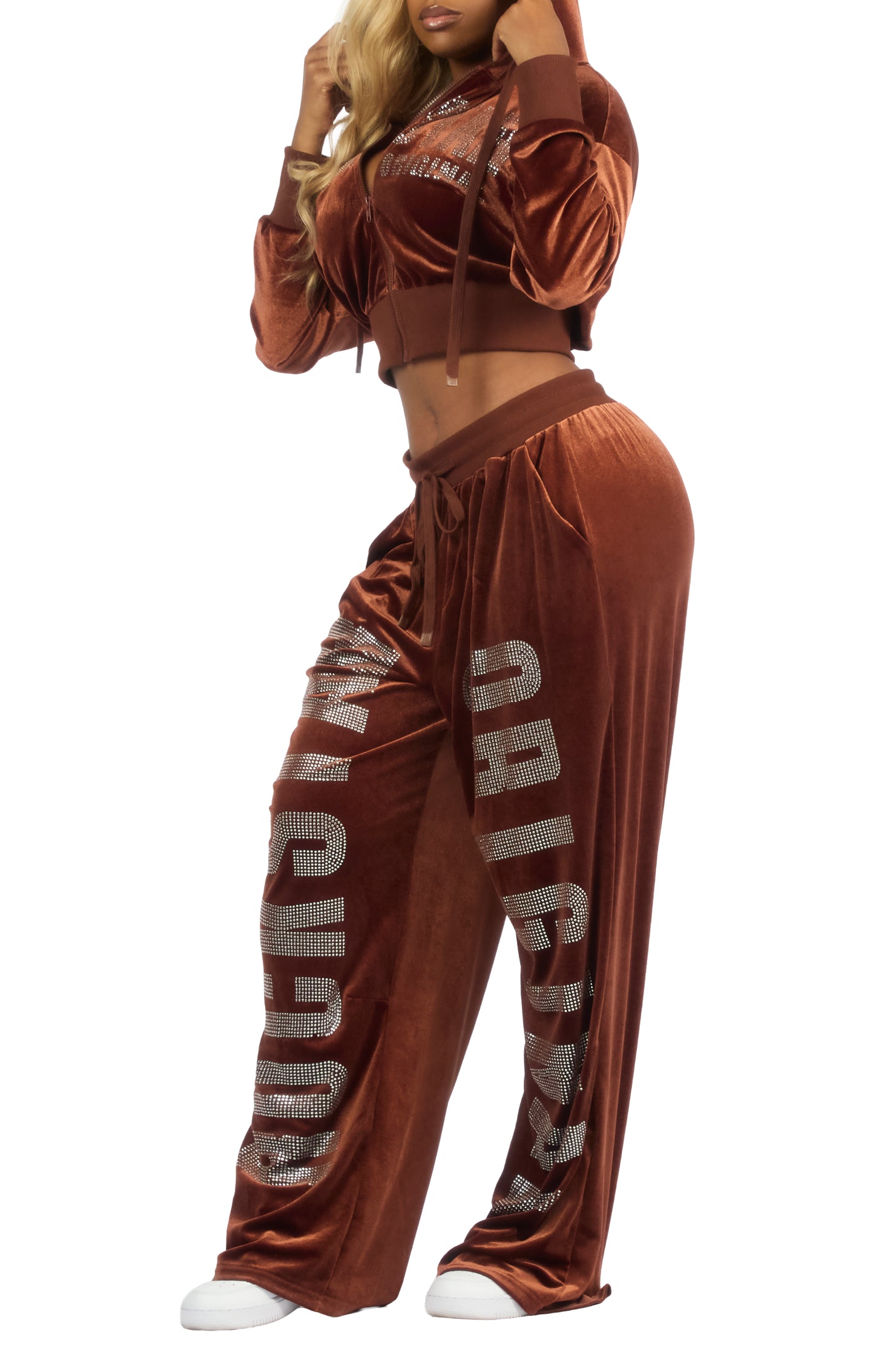 Cadence Brown Rhinestone Velour Baggy Fit Track Set
