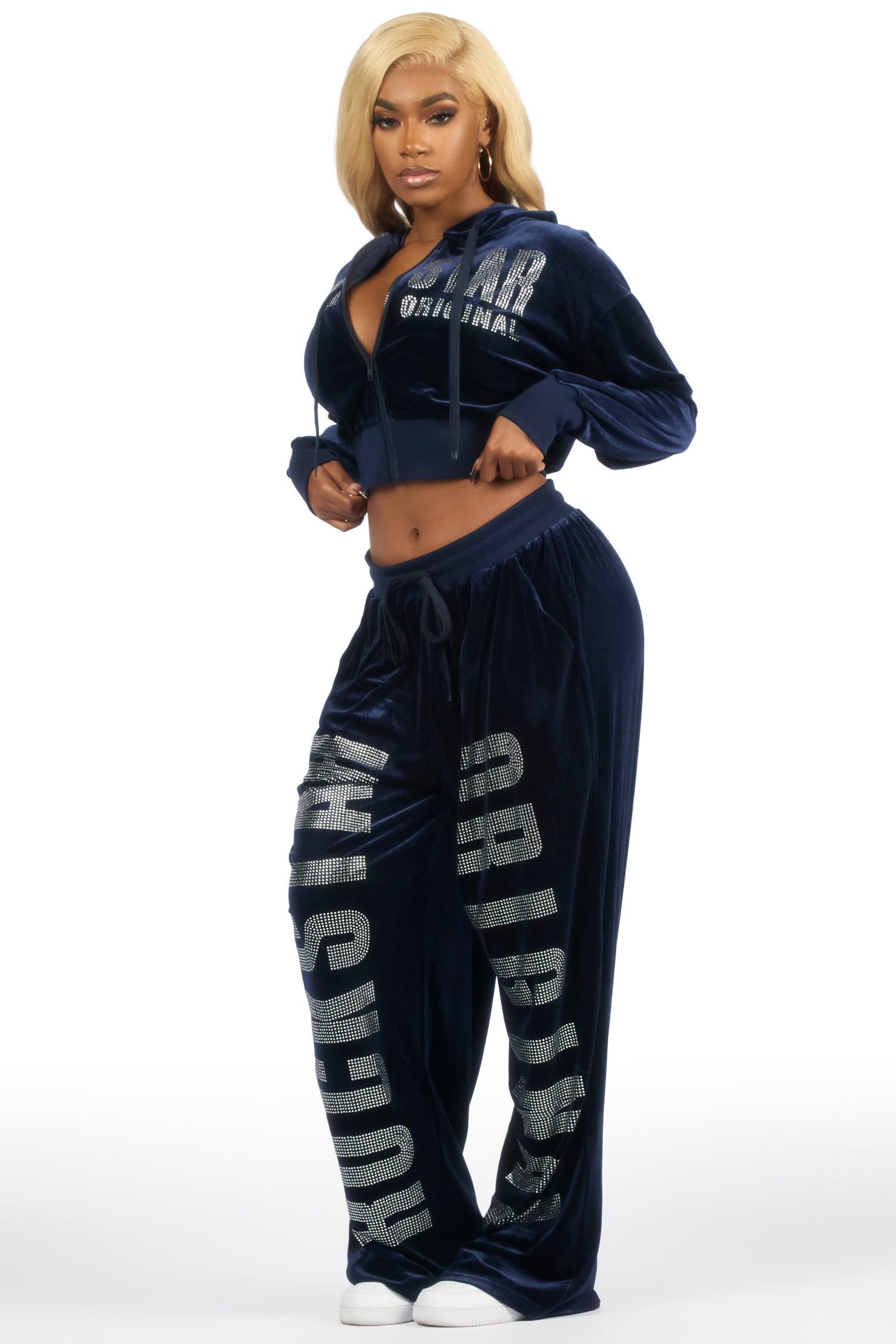 Cadence Navy Rhinestone Velour Baggy Fit Track Set