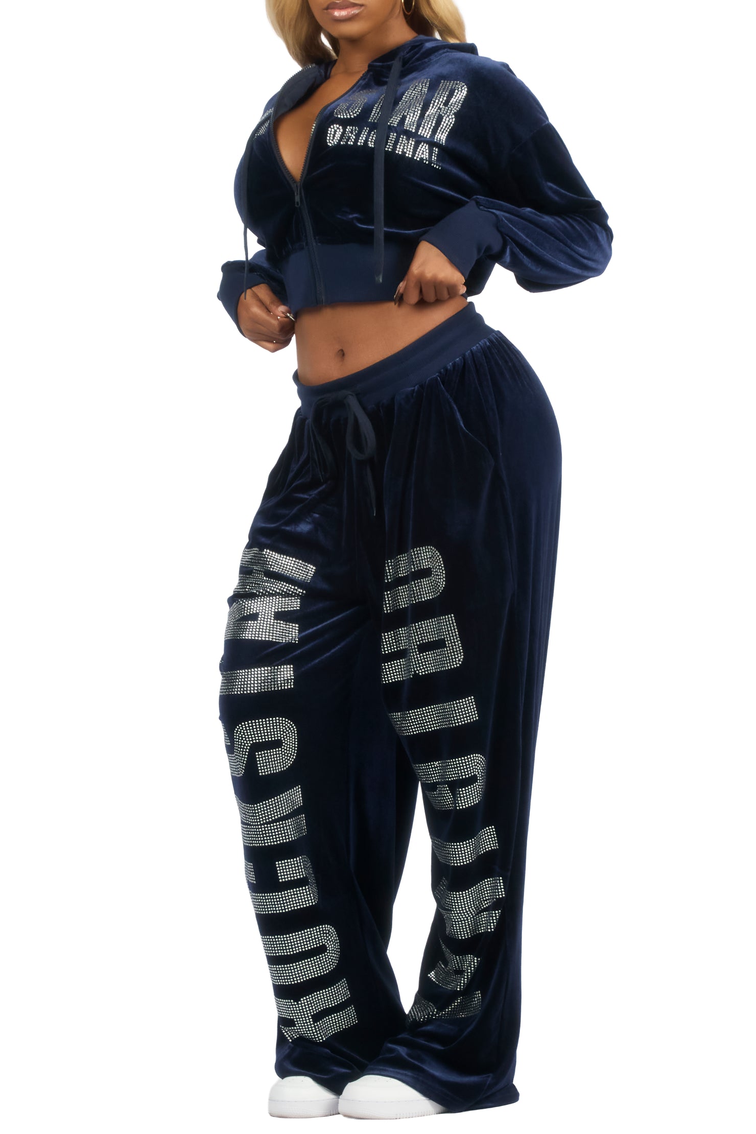 Cadence Navy Rhinestone Velour Baggy Fit Track Set