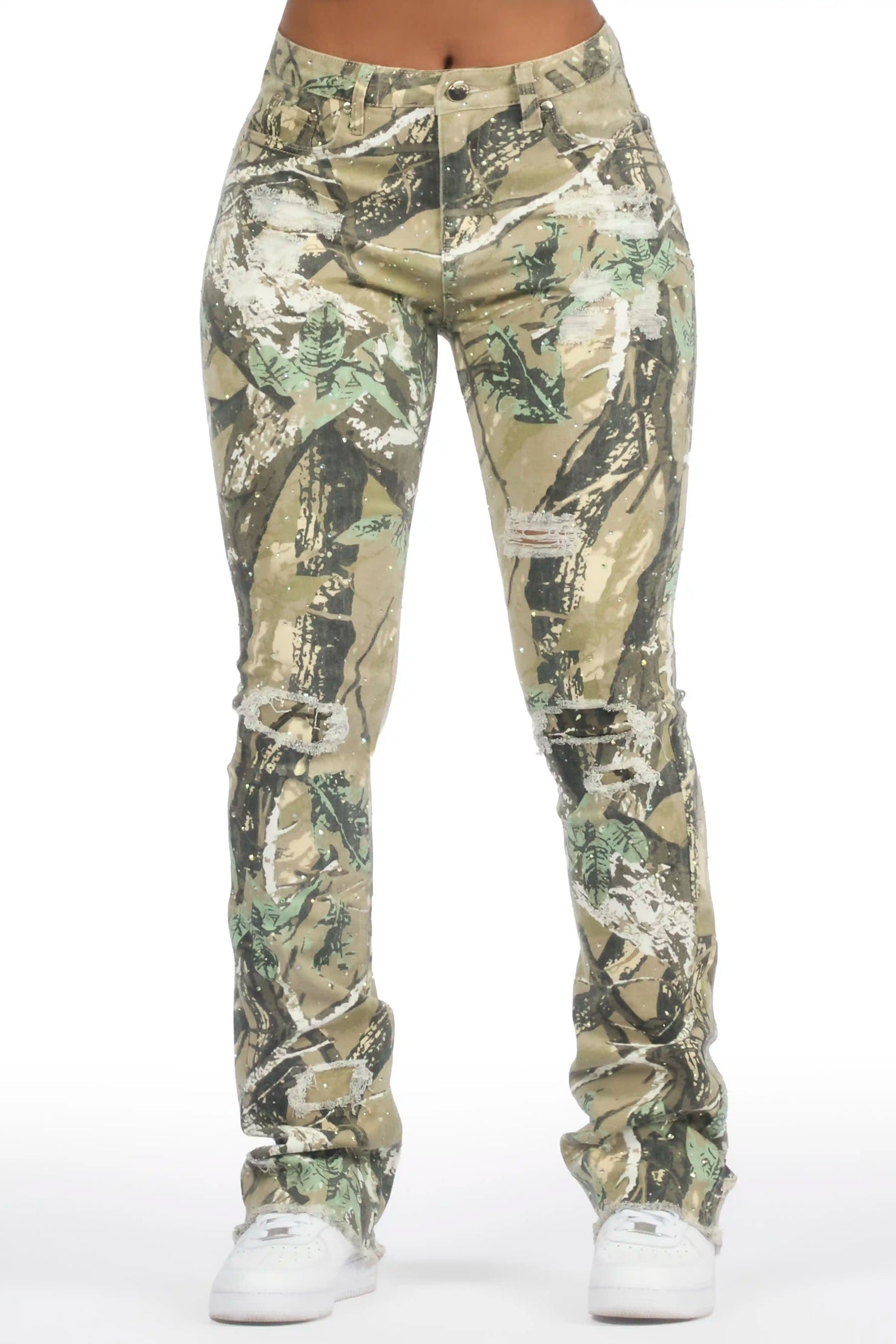 Kelle Tree Camo Rhinestone Stacked Jean