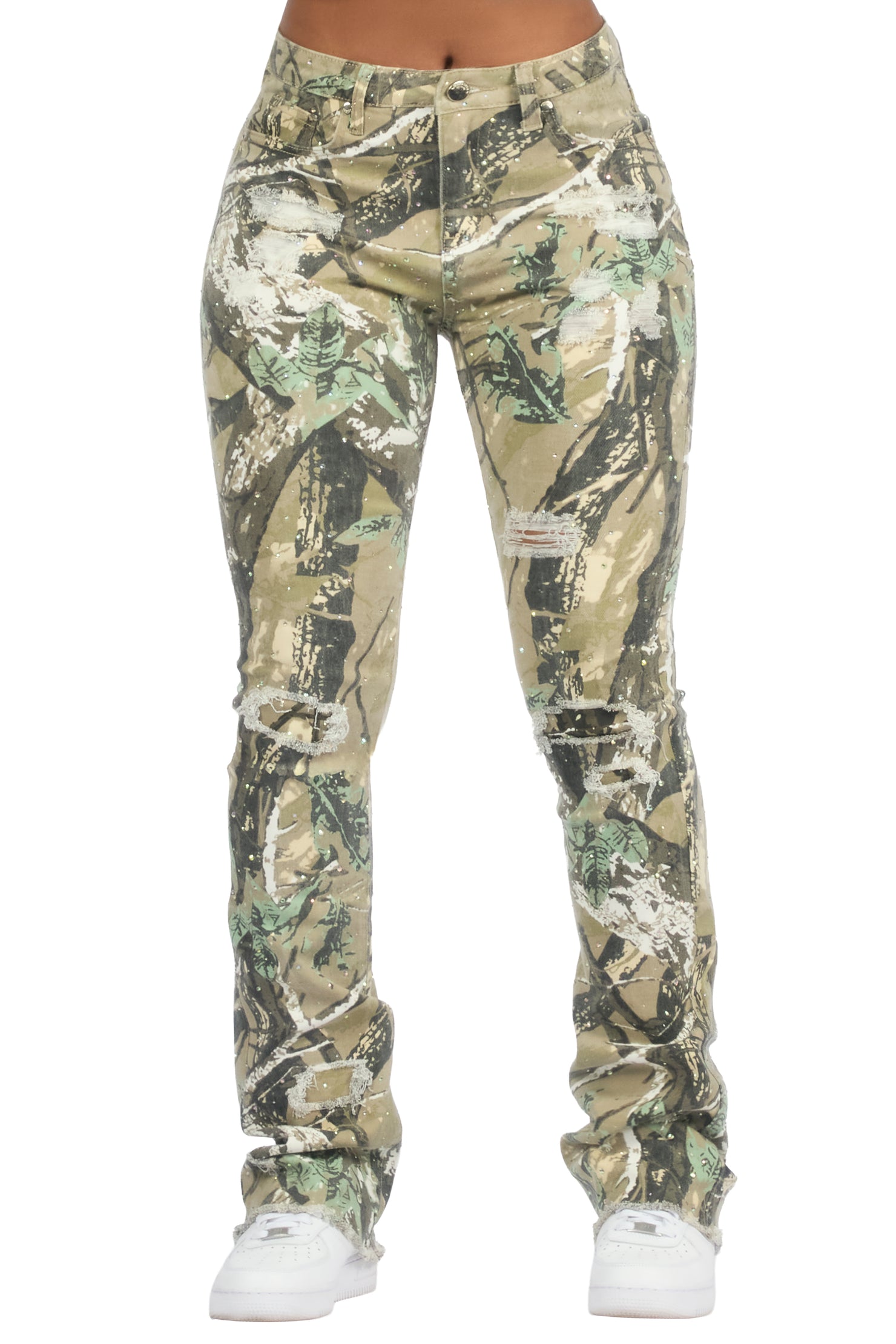 Kelle Tree Camo Rhinestone Stacked Jean