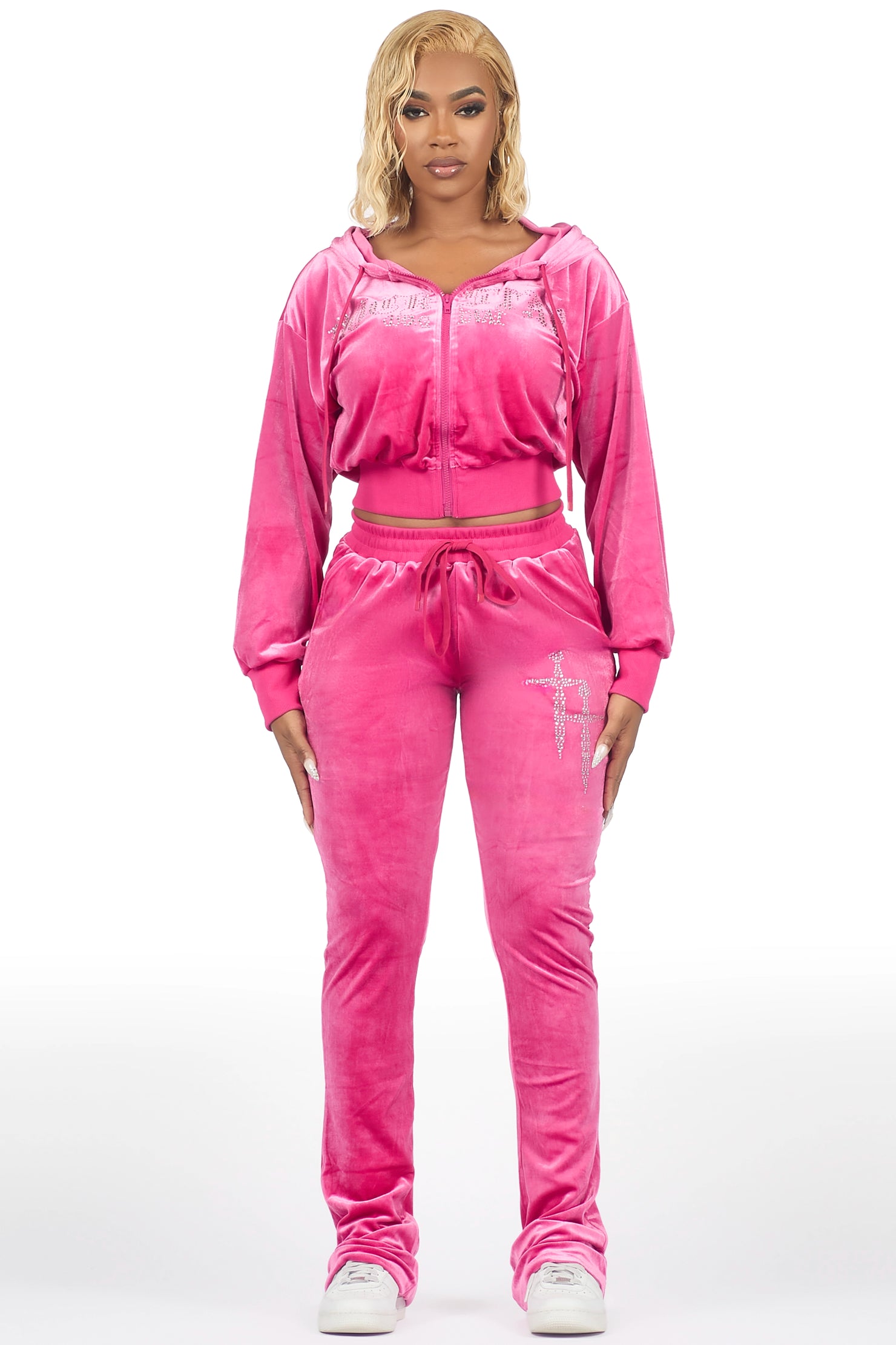 Atalaya Pink Stacked Rhinestone Velour Trackset