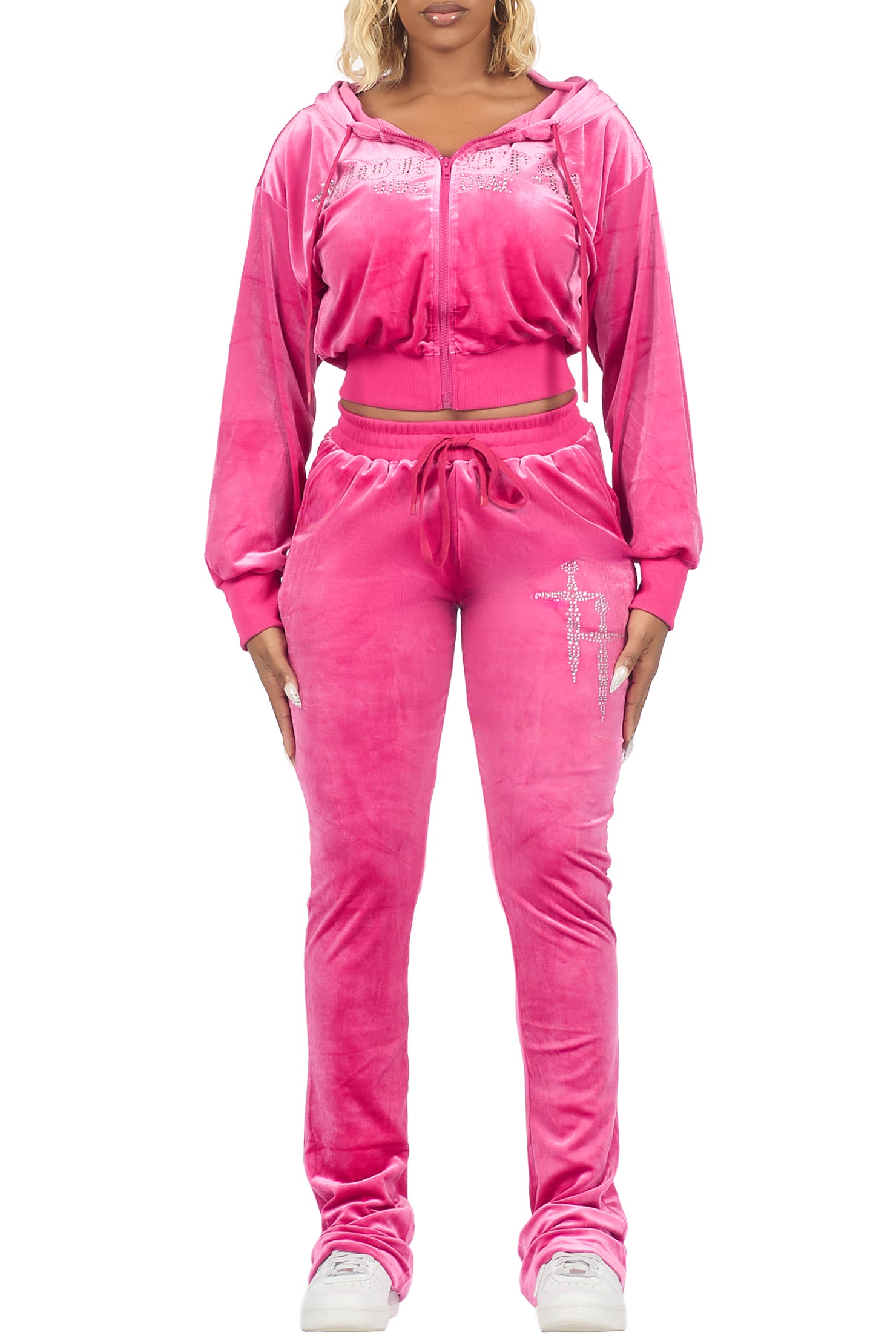 Atalaya Pink Stacked Rhinestone Velour Trackset