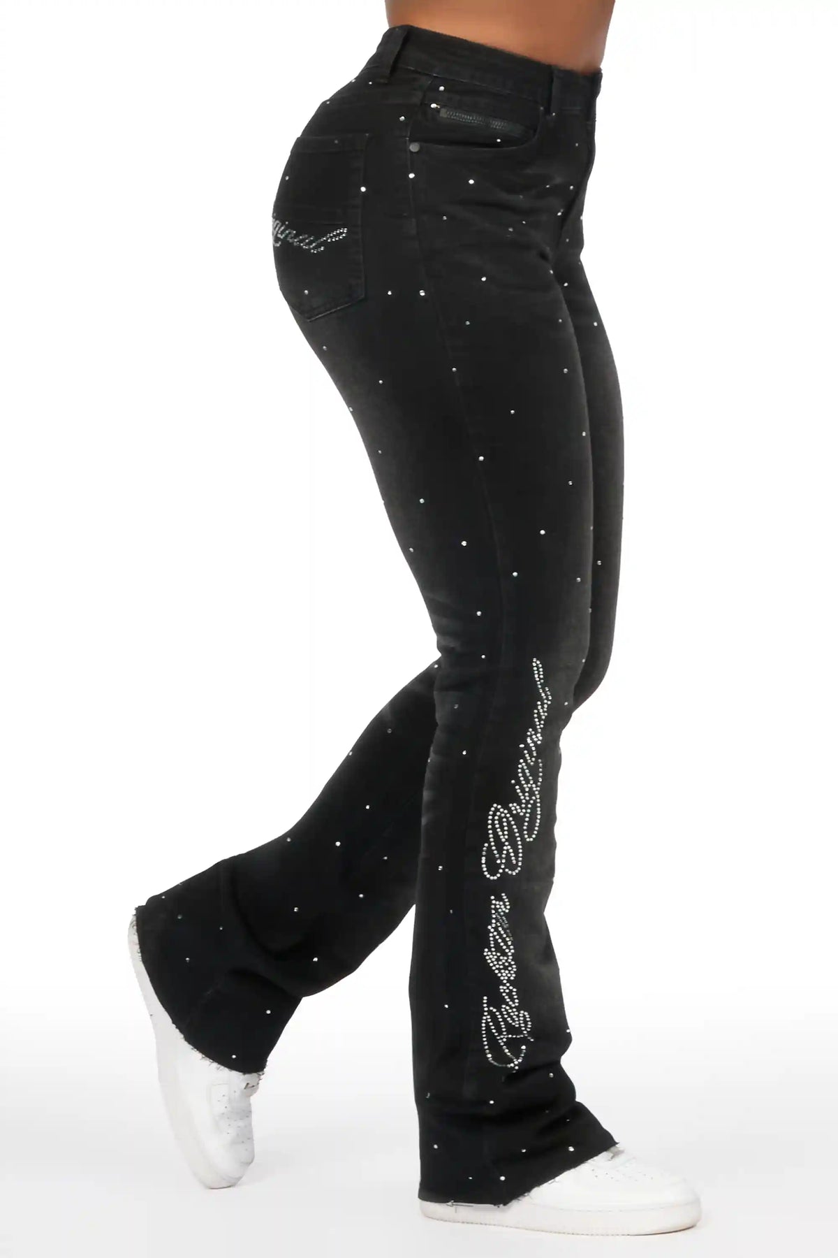 Chanteal Black Rhinestone Stacked Flare Jean