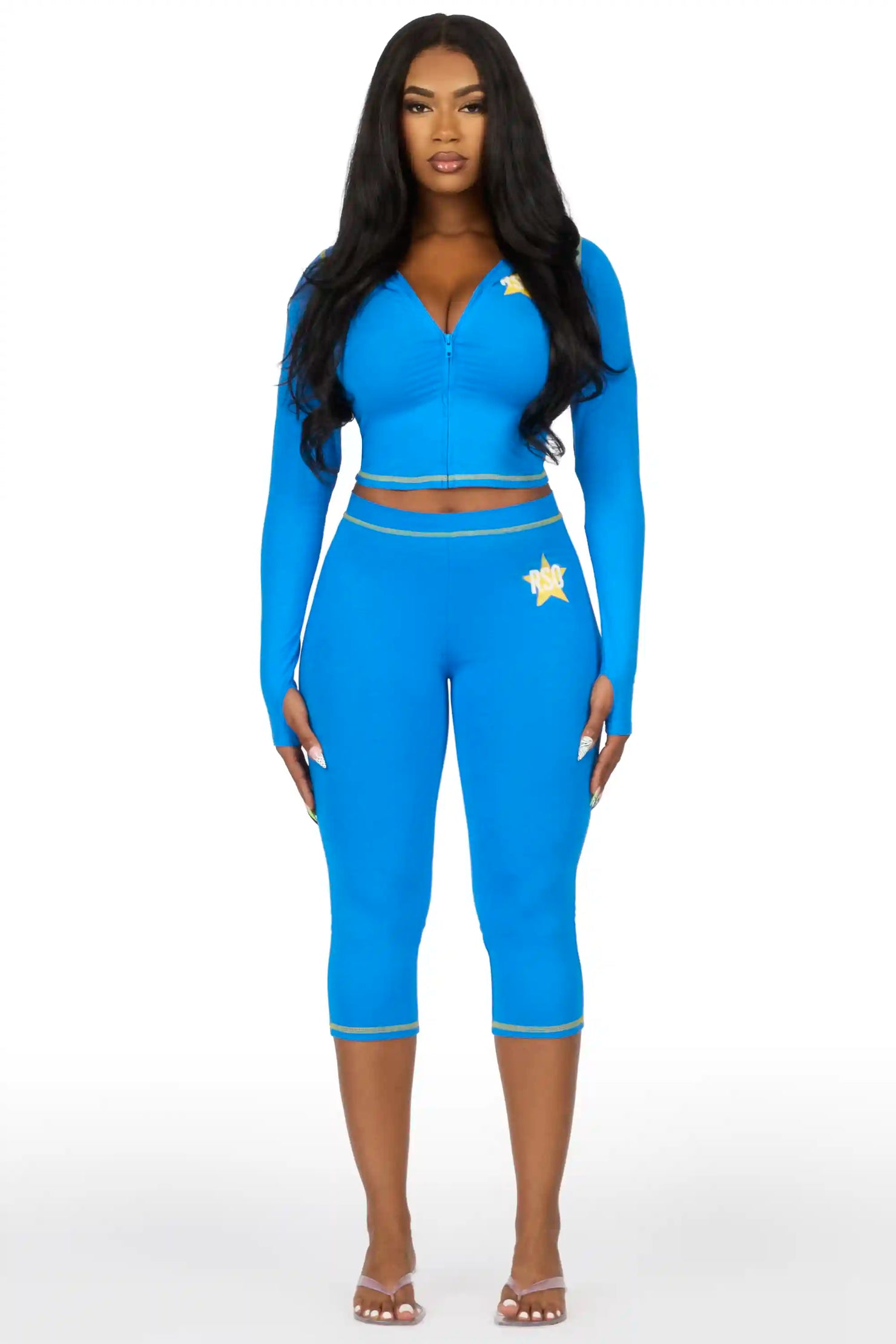 Sharina Blue Zip Up Capri Set