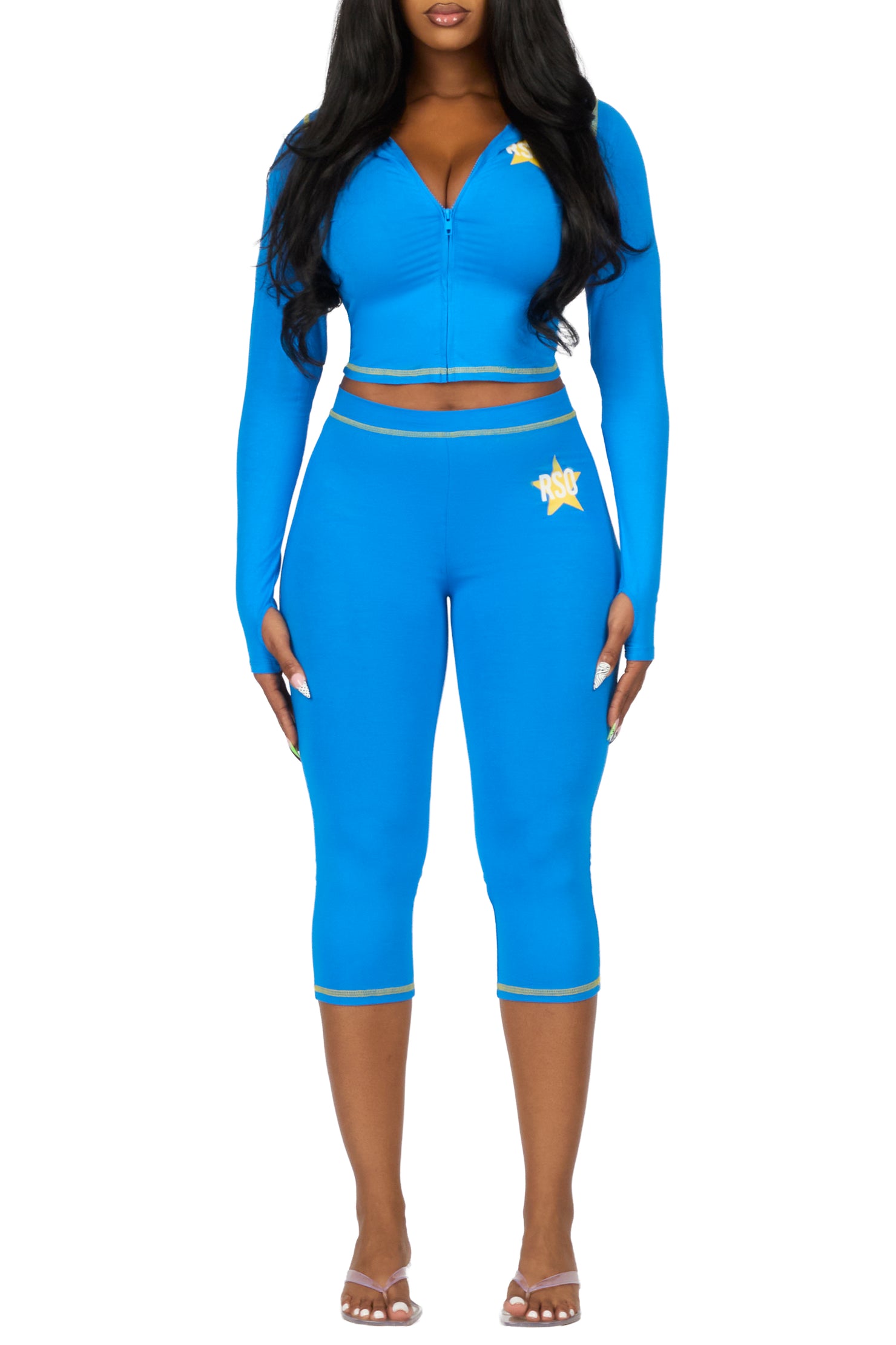 Sharina Blue Zip Up Capri Set