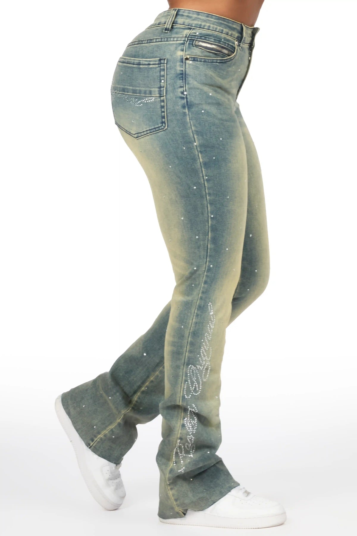 Chanteal Tinted Wash Rhinestone Stacked Flare Jean
