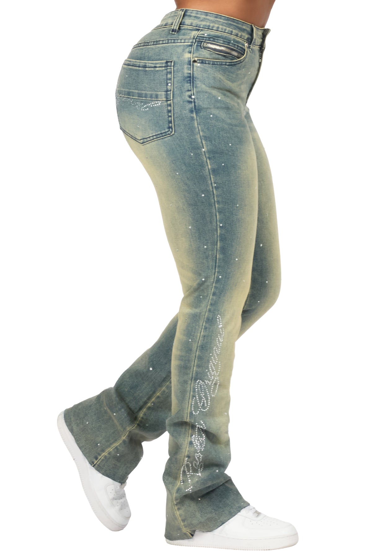 Chanteal Tinted Wash Rhinestone Stacked Flare Jean