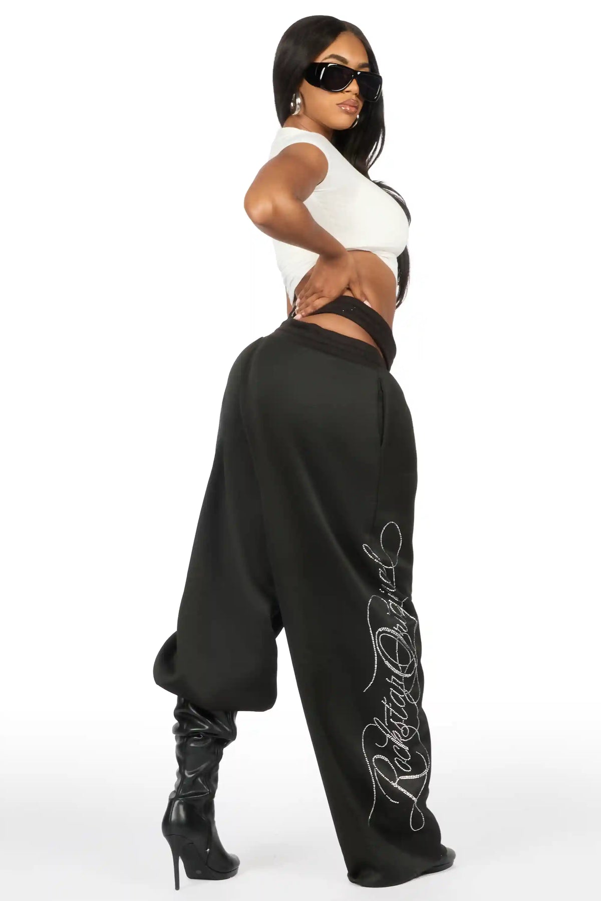 Sharhonda Black Rhinestone Baggy Track Pant