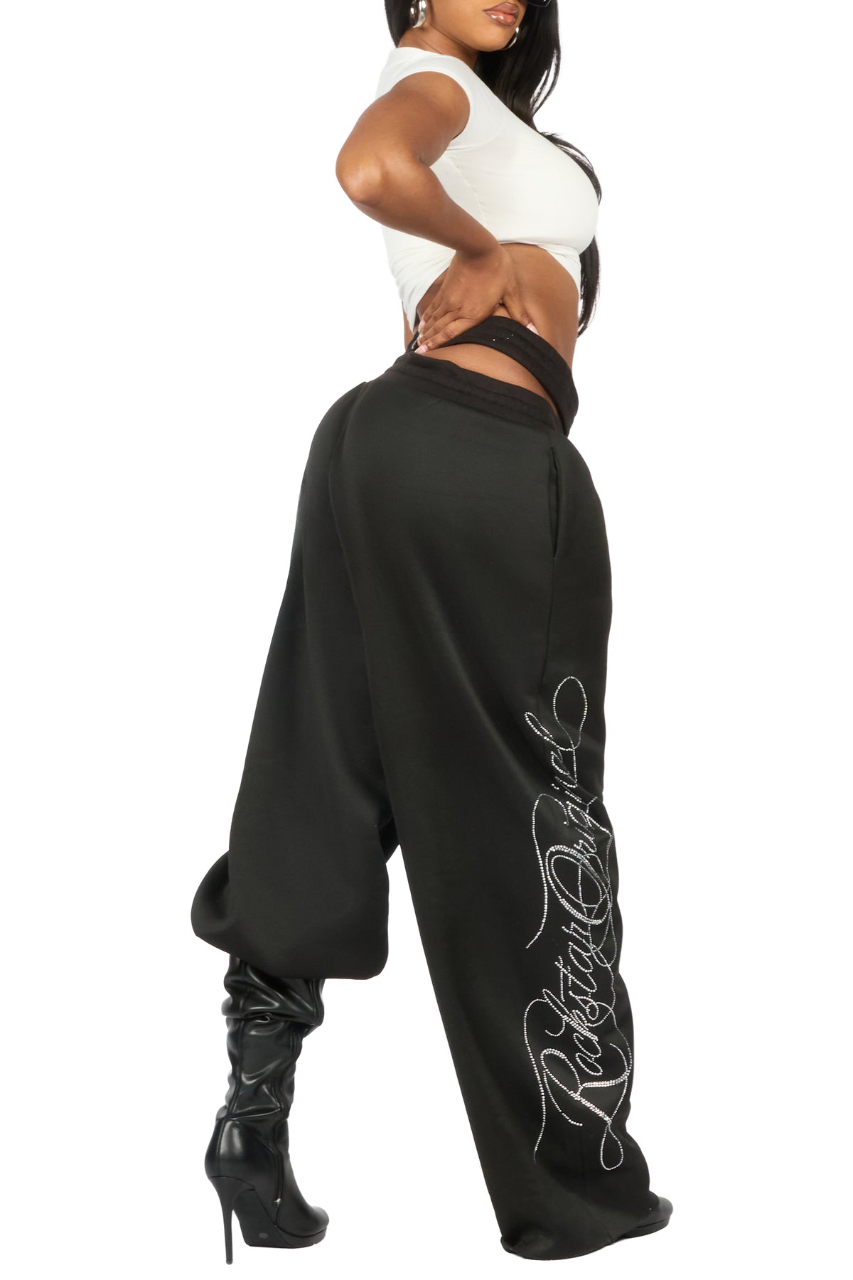 Sharhonda Black Rhinestone Baggy Track Pant