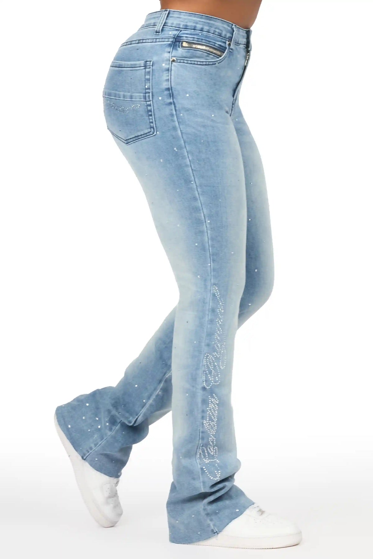 Chanteal Light Wash Rhinestone Stacked Flare Jean